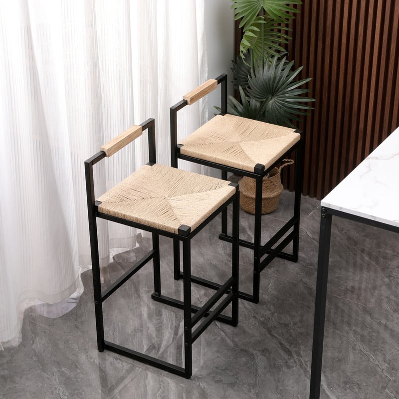 HTUTWOO - Set of 2 Bar Stools with Back, Paper Rope Woven Counter Height Dining Chairs,for Kitchen Island & Home Bar - Brown