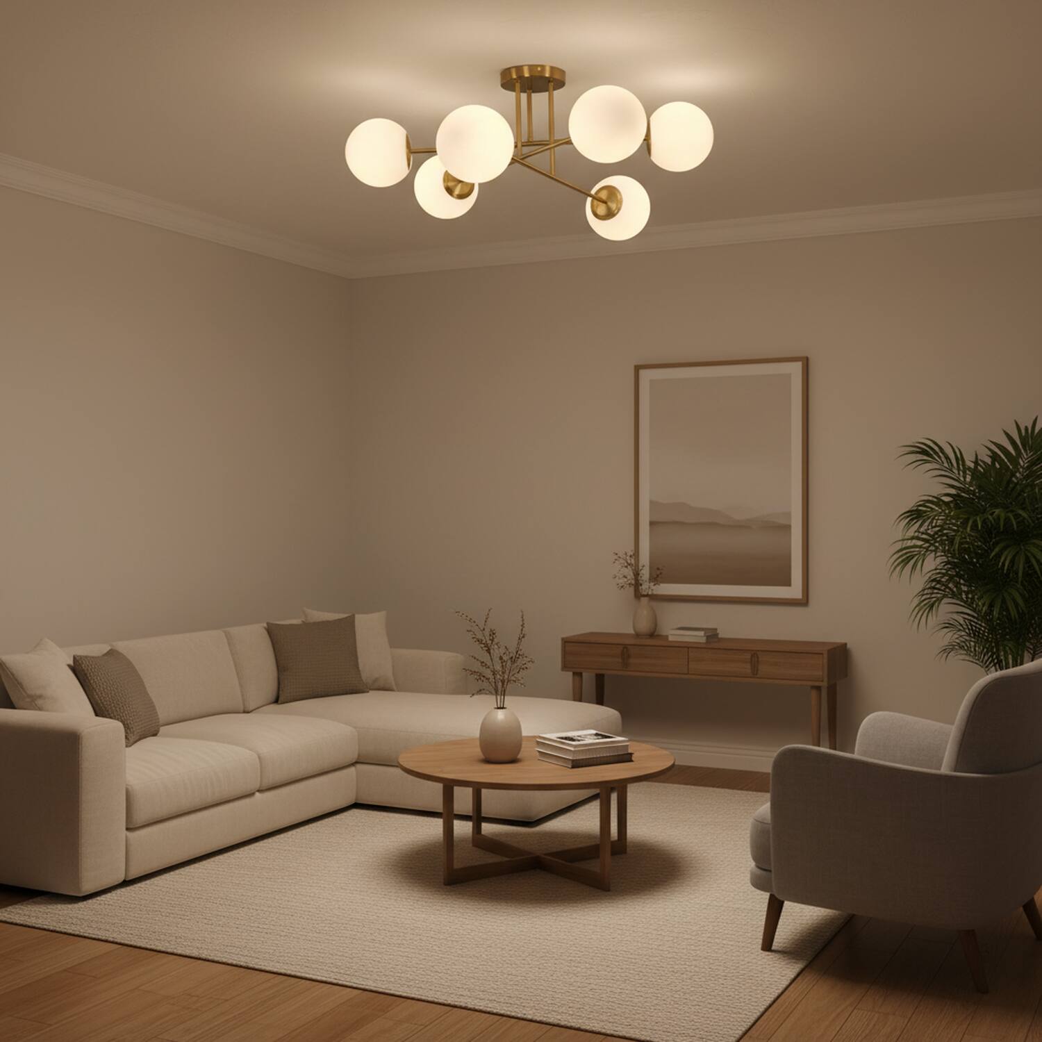 Back. Umeiluce - Modern 6-Light 30.7 Inches Semi-Flush Mount Glass Globes E12 - Brass.