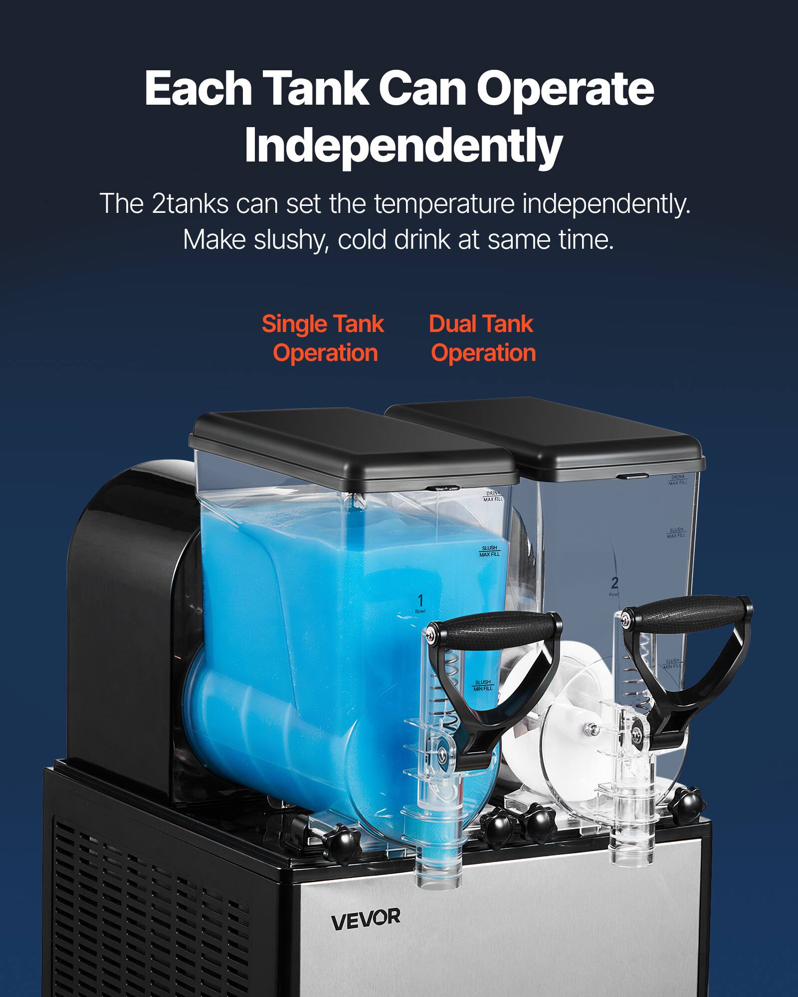 Each Tank Can Operate Independently

The 2 tanks can set the temperature independently. Make slushy, cold drink at the same time.

Single Tank Operation Dual Tank Operation