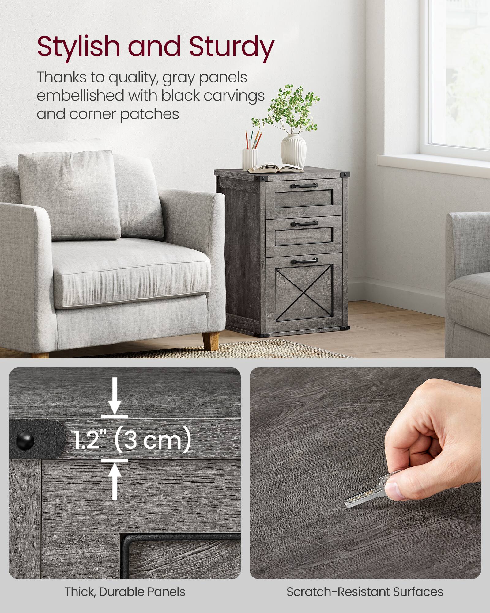 Stylish and Sturdy

Thanks to quality, gray panels embellished with black carvings and corner patches

1.2" (3 cm) Thick, Durable Panels

Scratch-Resistant Surfaces