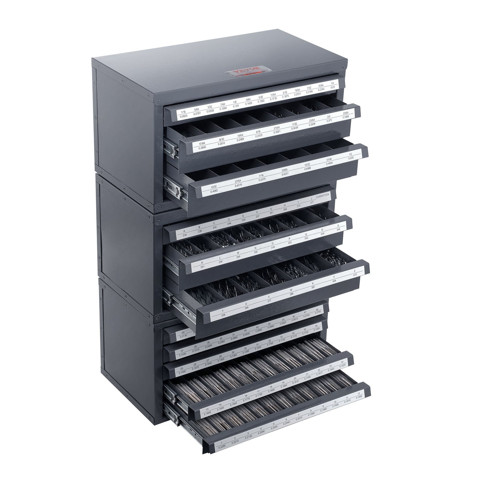 VEVOR - Drill Bit Dispenser Cabinet, 3 Pieces Three-Drawer for 1/16" to 1/2" & Letter Sizes A to Z, Five-Drawer Bit Organizer - Gray with Orange Texture
