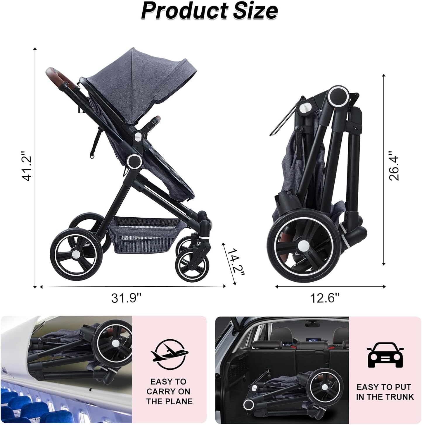 Product Size

- Height: 41.2"
- Width: 31.9"
- Depth: 14.2"
- Folded Height: 26.4"
- Folded Width: 12.6"

EASY TO CARRY ON THE PLANE

EASY TO PUT IN THE TRUNK