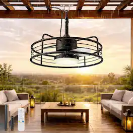 Akofun - 20" Cage Fan Light w/Remote, Flush Mount, 6-Speed Reversible DC Motor, Timing, Rustic Fan Lamp for Home & Patio - Black