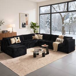 Ovios - 130.8" Modular Sectional Sofa, U Shaped Plush Corduroy 7 Seat Couch with Ottoman - Black