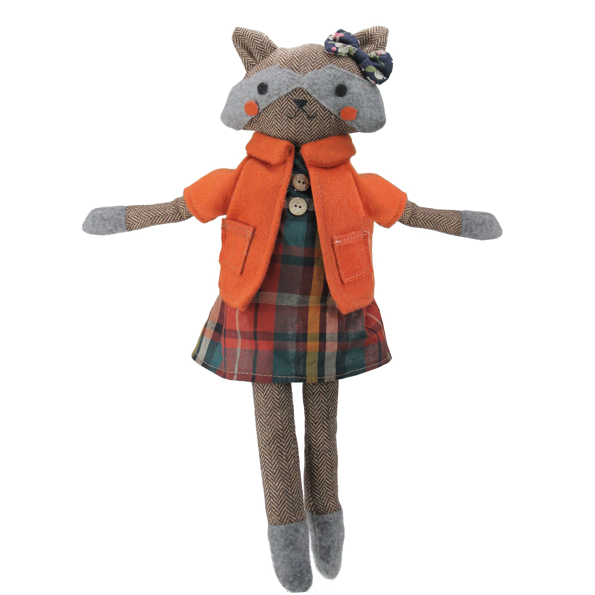 Northlight - Sitting Herringbone Designed Fox Girl with Plaid Dress - 17" - and Orange - Brown