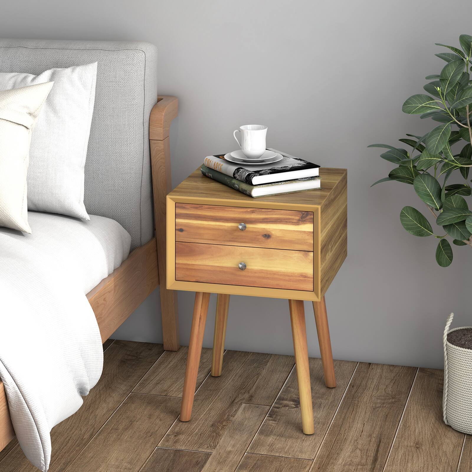 Alt View 1. Costway - Costway 2PCS Wooden Nightstand Mid-Century End Side Table W/2 Drawers - Natural.