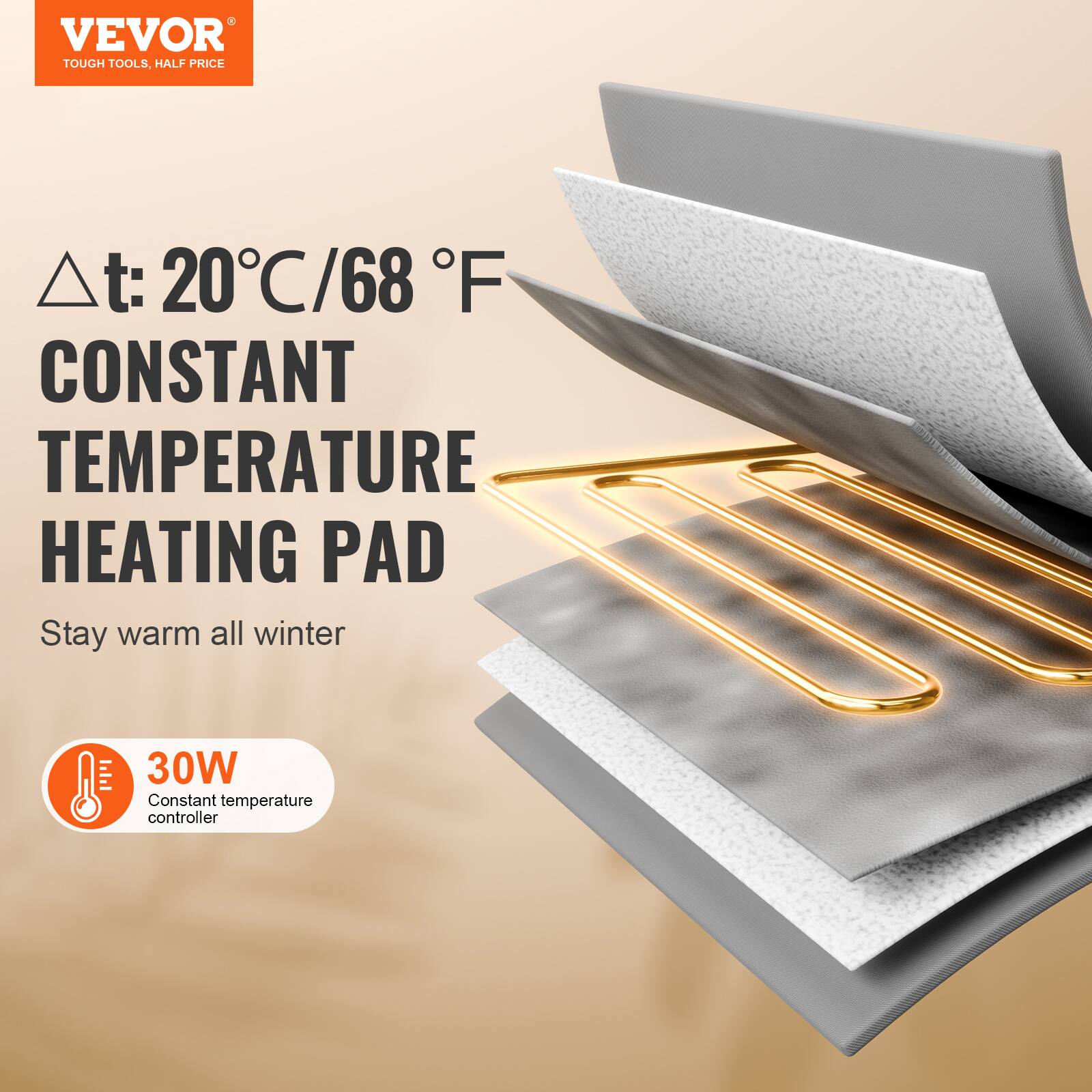 VEVOR  
TOUGH TOOLS, HALF PRICE  

Δt: 20°C/68°F  
CONSTANT TEMPERATURE HEATING PAD  

Stay warm all winter  

30W  
Constant temperature controller