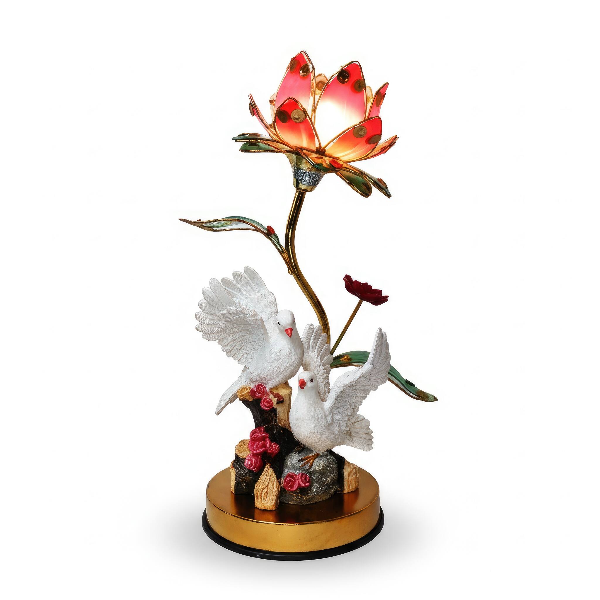 Angle. FC Design - 16"H Pink Vintage Style Lotus Flower with two Dove Figurine Touch Lamp.