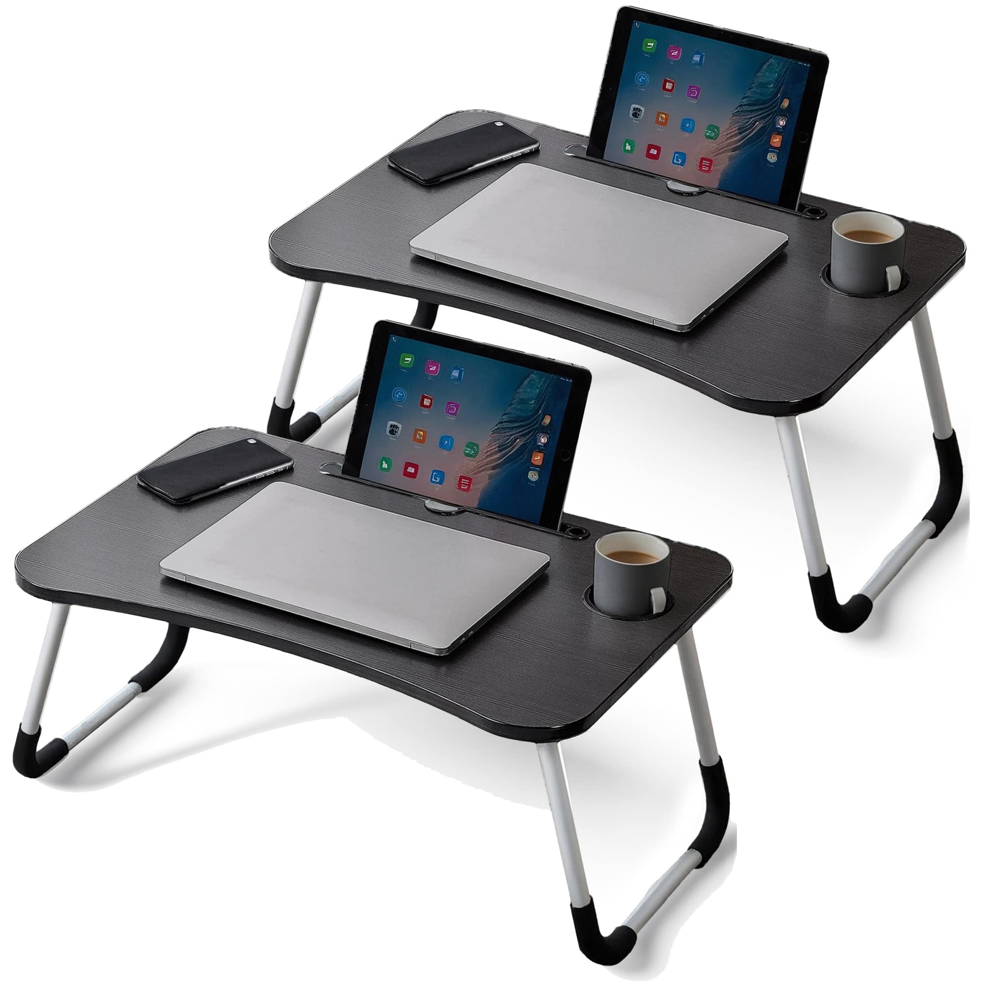 FC Design - 2 Pack Foldable Laptop Cumputer Table, Breakfast Serving Bed Tray, Lap Desk with Foldable Leg - Black/Black - Black and Black
