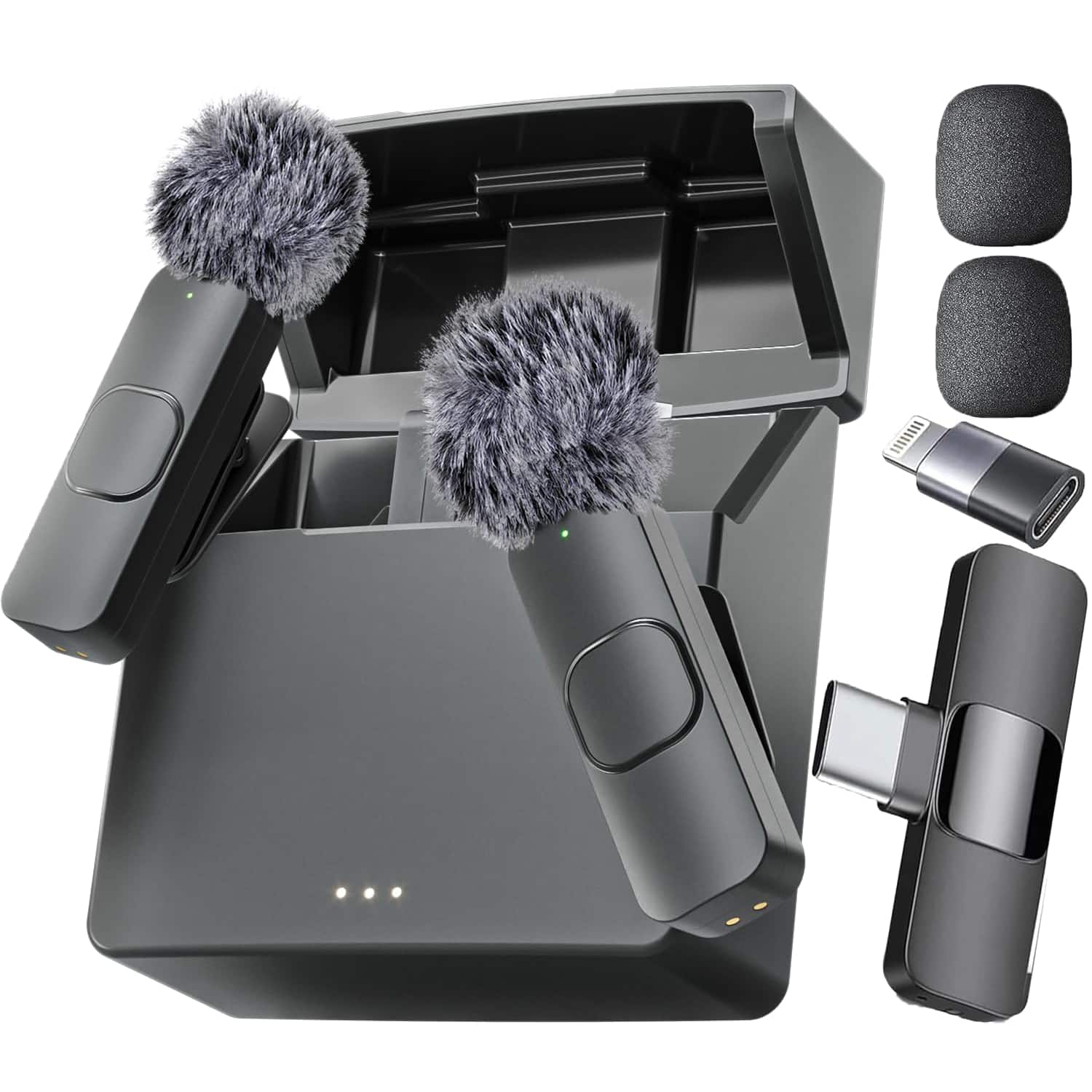 Front. Mini Mic Pro - Mini Mic Pro Wireless Microphone for iPhone, iPad, Android, Lavalier Microphone for Video Recording (with Charging Case) - Charging Case + All iPhones & Androids.