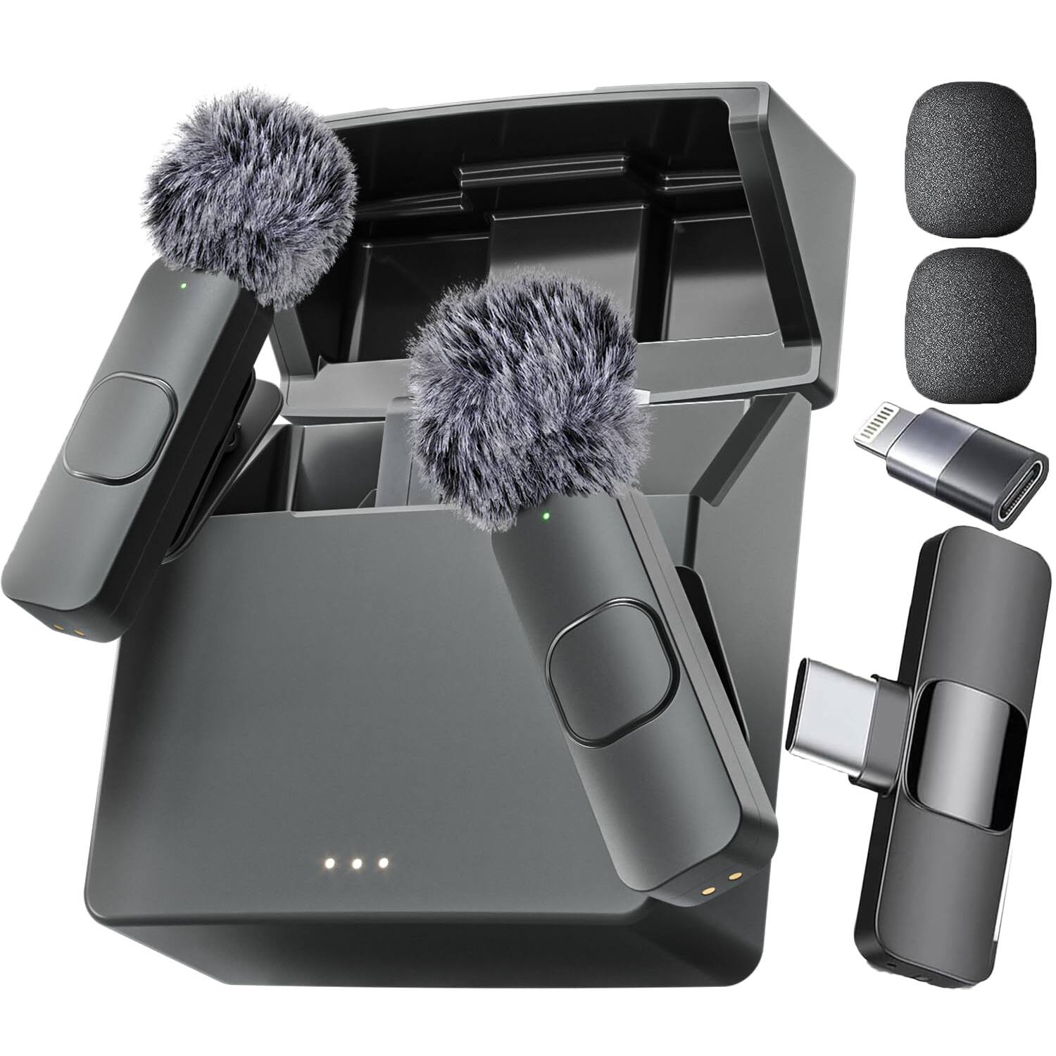 Front. Mini Mic Pro - Mini Mic Pro Wireless Microphone for iPhone, iPad, Android, Lavalier Microphone for Video Recording (with Charging Case) - Charging Case + All iPhones & Androids.