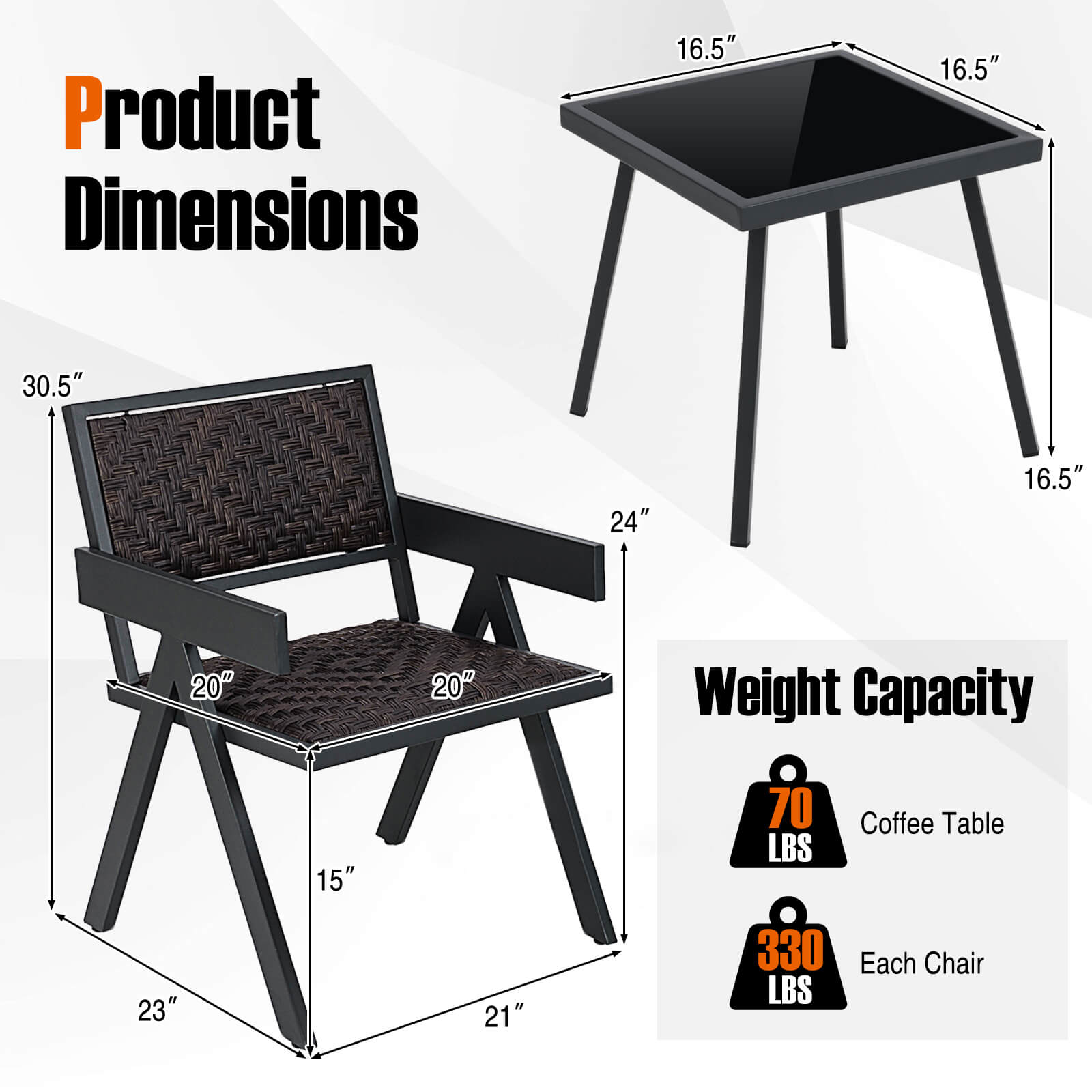 Product Dimensions: 16.5" x 16.5" x 30.5" x 24" x 16.5" x 20" x 20"
Weight Capacity: 15" x 70 LBS
Coffee Table: 23" x 21" x 330 LBS
Each Chair: 20" x 20" x 330 LBS