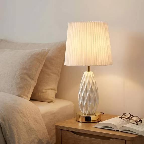 Alt View 3. GVDV - Home 18in Table Lamp with USB A&C Ports, Touch Control 3 Way Dimmable,Wave Texture Resin Bedside Lamp,for Bedroom White.