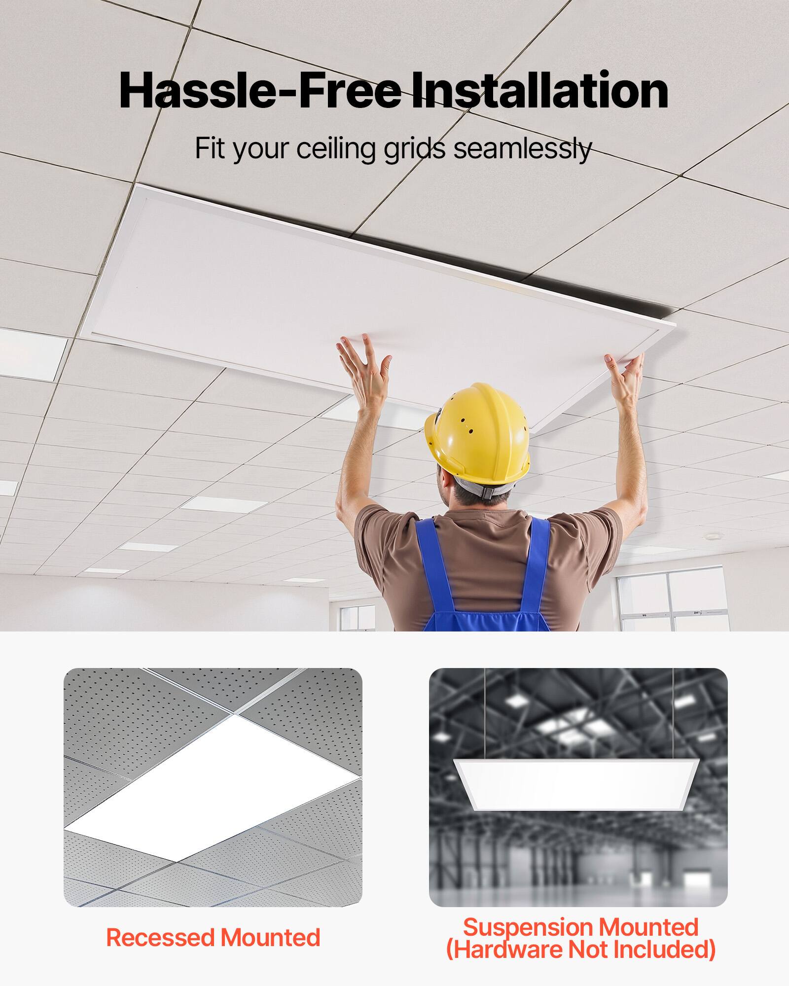 Hassle-Free Installation  
Fit your ceiling grids seamlessly  

Recessed Mounted  

Suspension Mounted  
(Hardware Not Included)