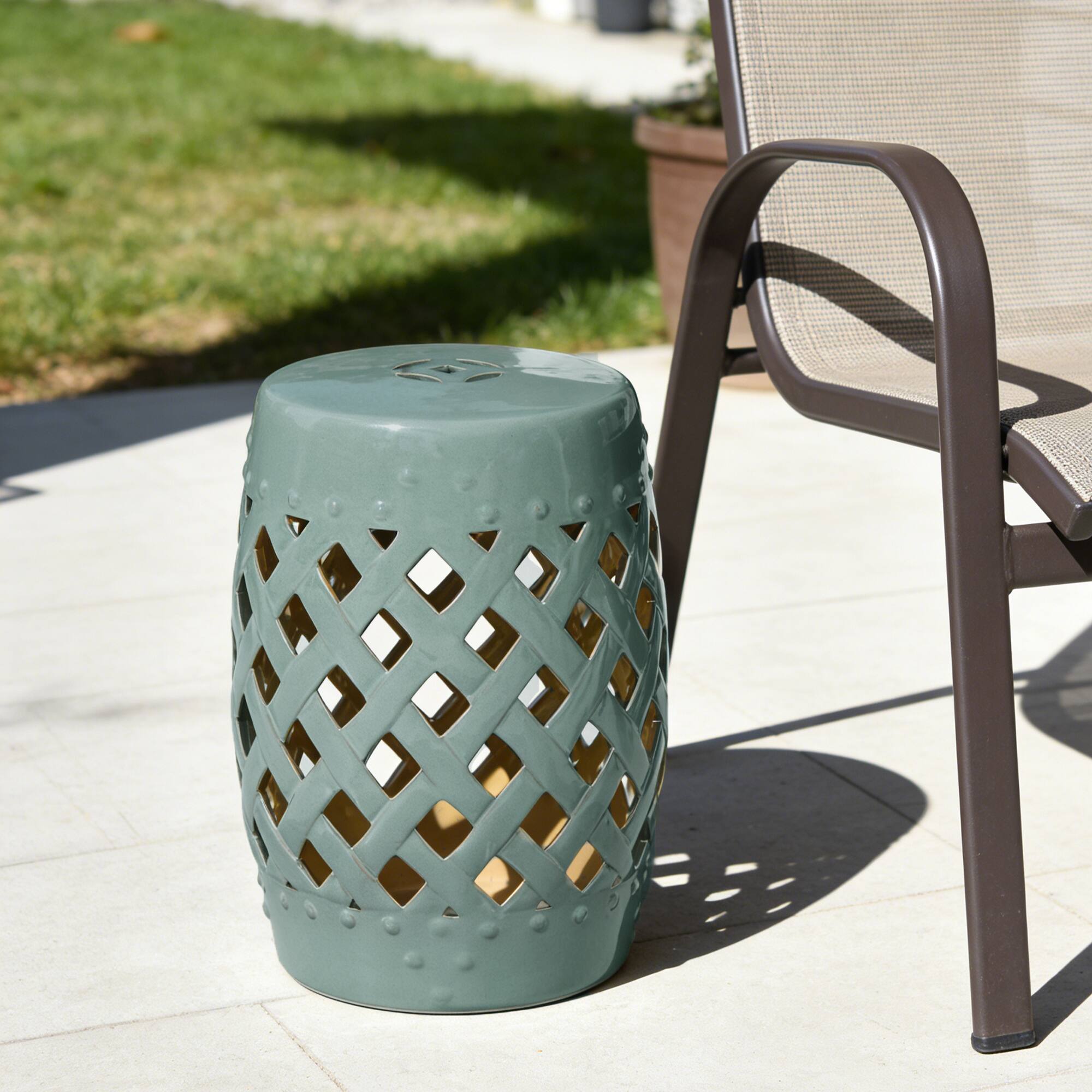 Alt View 1. Outsunny - 13" x 18" Ceramic Garden Stool with Woven Lattice Design & Glazed Strong Materials Decorative Outdoor Stool - Blue.