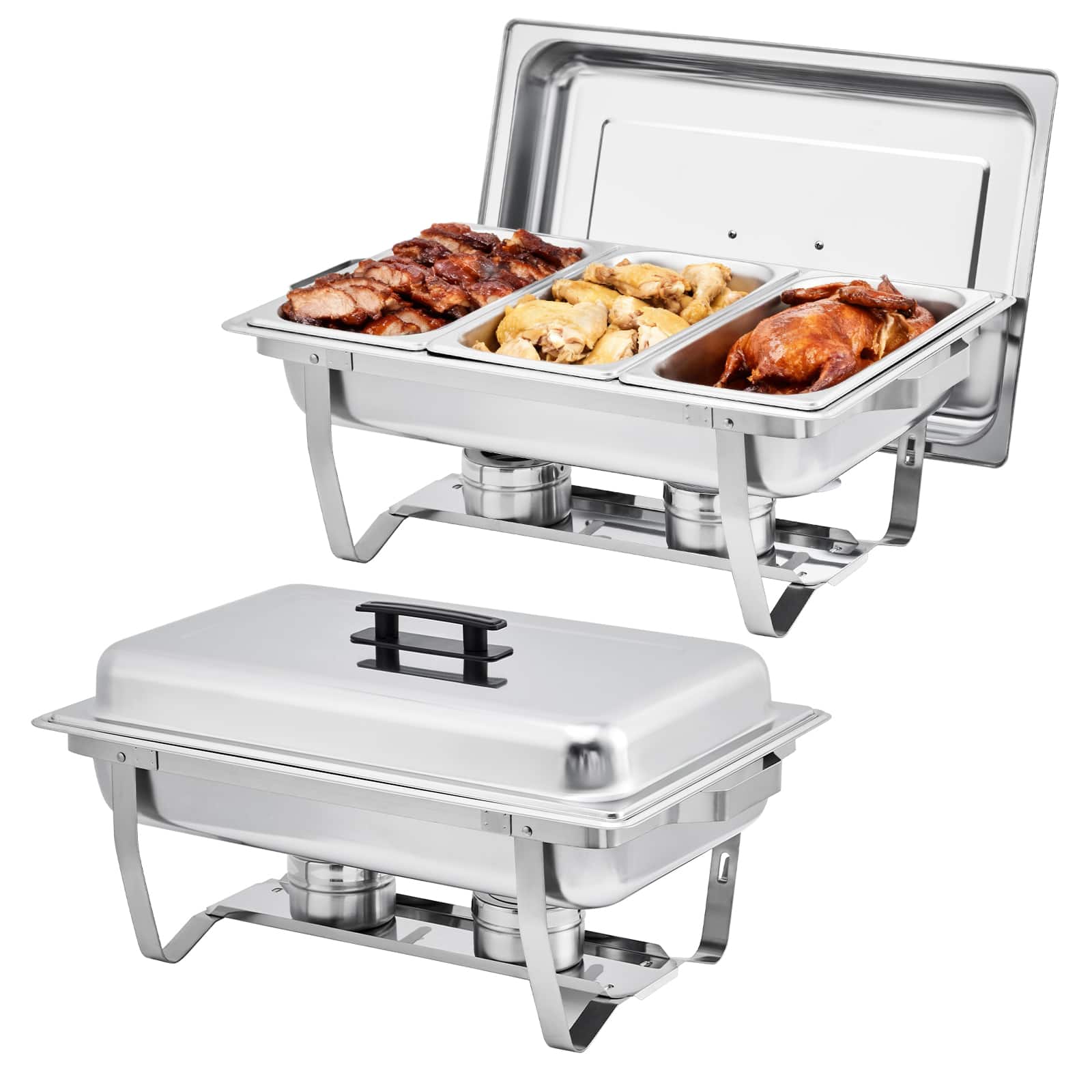 GARVEE - 2-Pack Stainless Steel Buffet Server Set, 3-Well Rectangular Chafing Dish Multi-Compartment Food Warmer - Silver