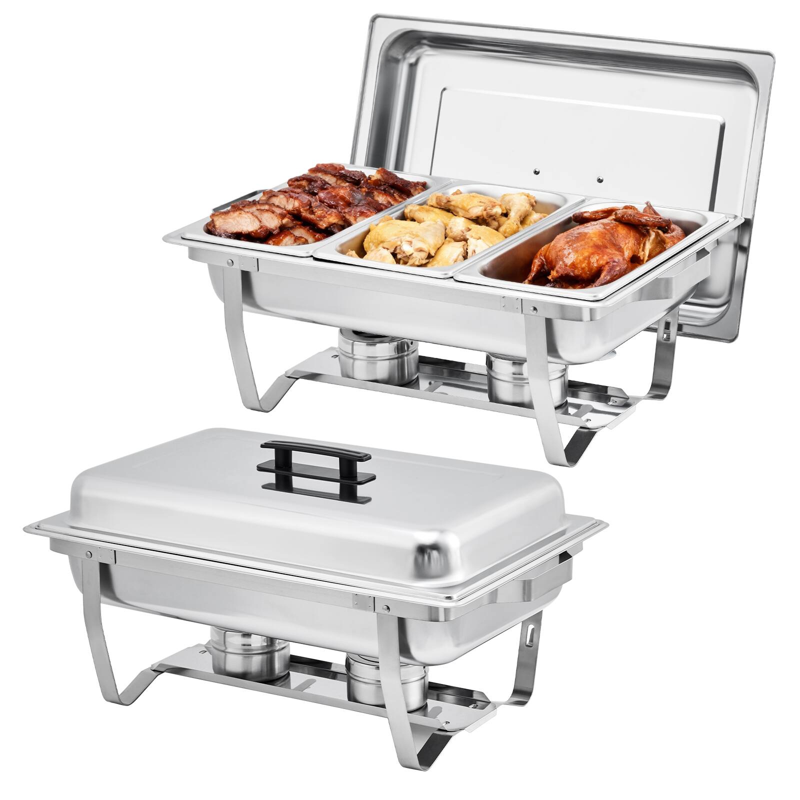Front. GARVEE - 2-Pack Stainless Steel Buffet Server Set, 3-Well Rectangular Chafing Dish Multi-Compartment Food Warmer - Silver.