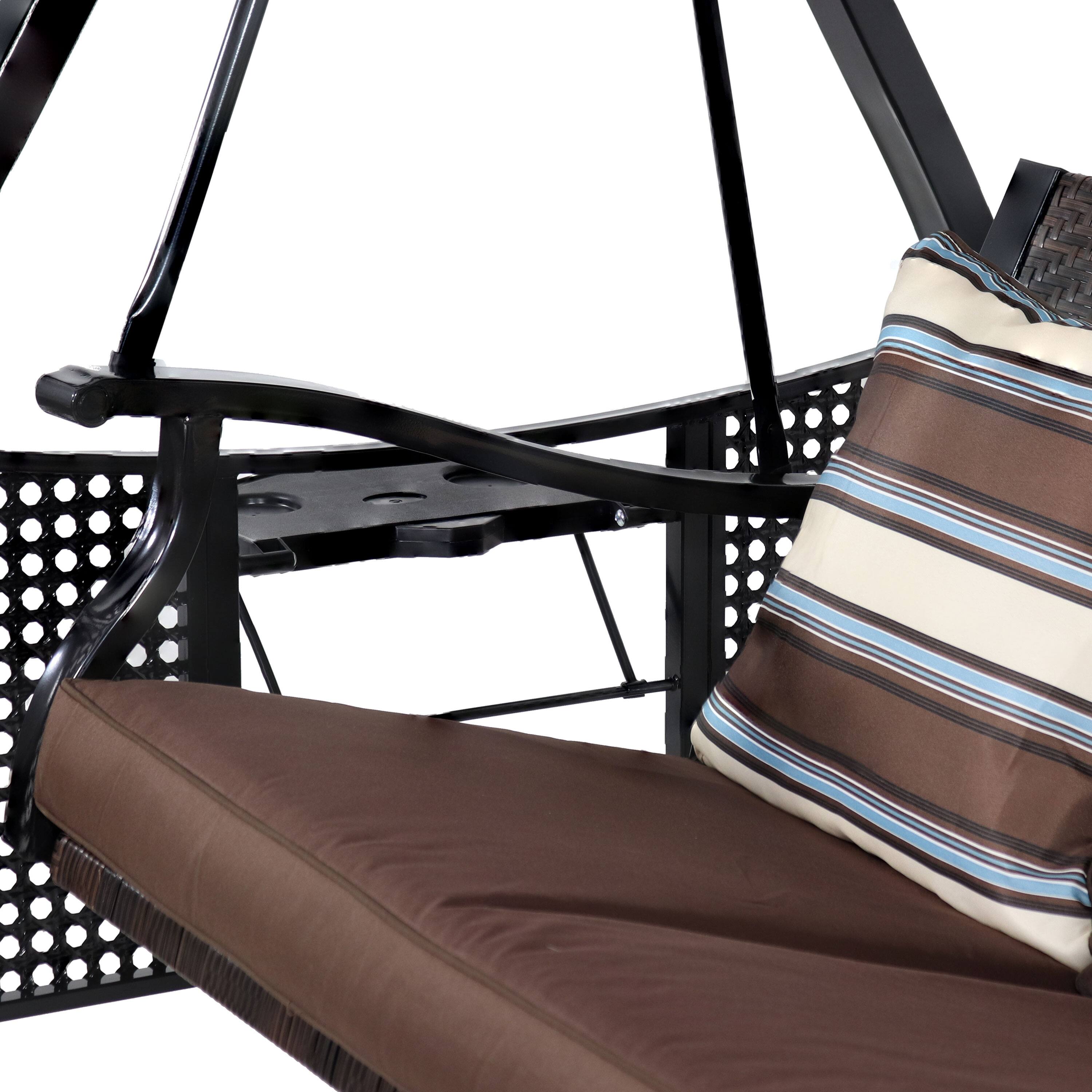 Alt View 7. Sunnydaze - 3-Person Steel Patio Swing Bench with Side Tables/Canopy - Brown Stripe/Black Frame.