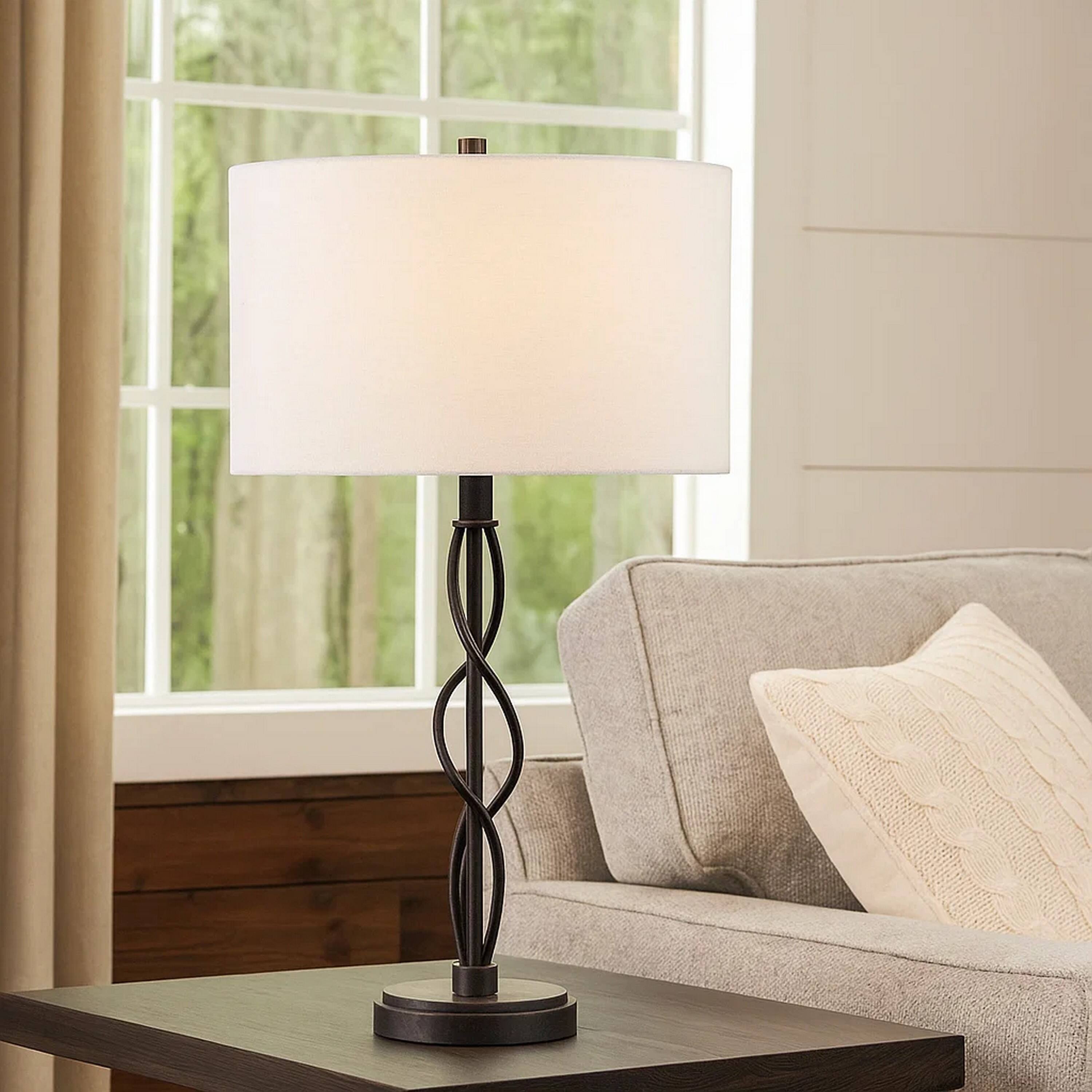 Alt View 3. Manhattan Lane - Round Fabric Shade Table Lamp, Metal Spiral Base - White and Bronze.