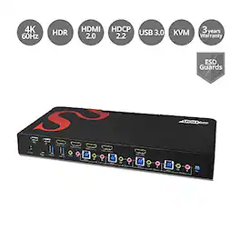 SIIG - 4 Port 4K 60HZ HDMI KVM Switch with USB 3.0, Audio, Mic, HDMI 2.0a, HDR - Black