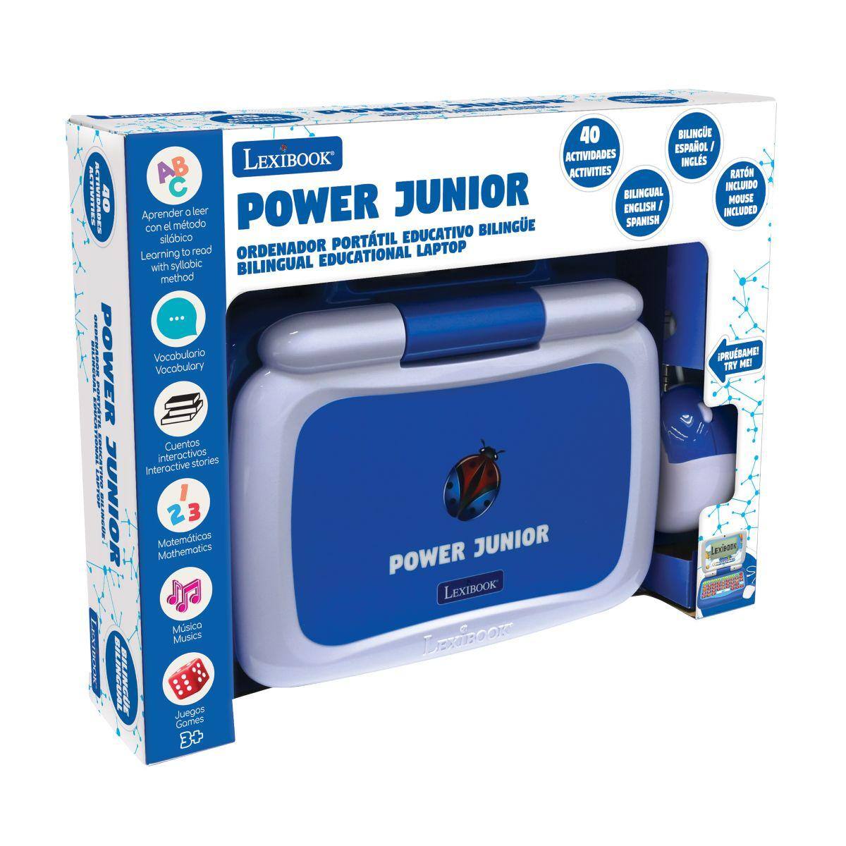 40 Bilingual Spanish / English Activities Included  
Lexibook Power Junior  
Bilingual Educational Laptop  
Learning to read with syllabic method  
Vocabulary  
Interactive stories  
Mathematics  
Music  
Games  
Mouse included  
Try me!
