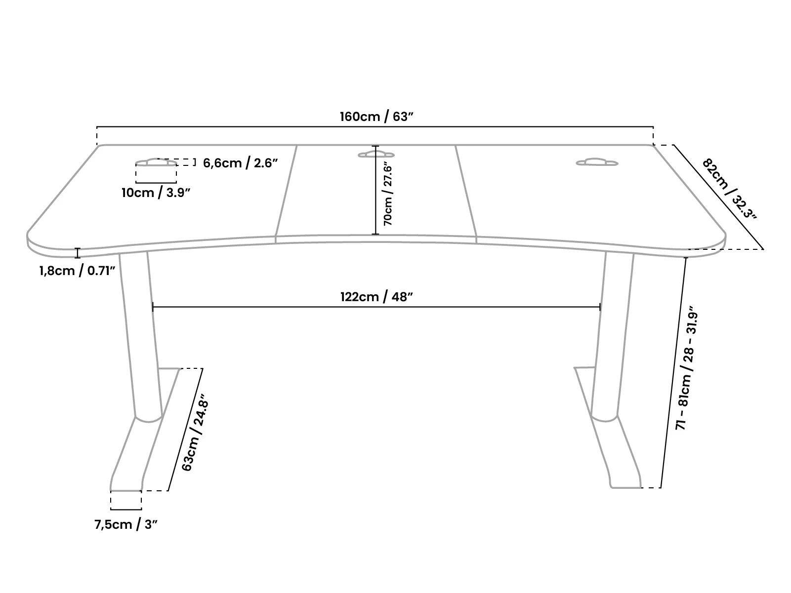 160cm / 63"  
10cm / 3.9"  
6,6cm / 2.6"  
1,8cm / 0.71"  
7,5cm / 3"  
63cm / 24.8"  
70cm / 27.6"  
122cm / 48"  
82cm / 32.3"  
71-81cm / 28-31.9"