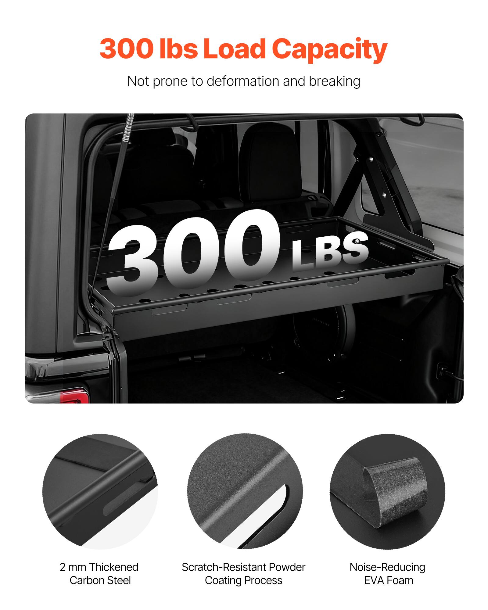 300 lbs Load Capacity  
Not prone to deformation and breaking  

300 LBS  

2 mm Thickened Carbon Steel  
Scratch-Resistant Powder Coating Process  
Noise-Reducing EVA Foam