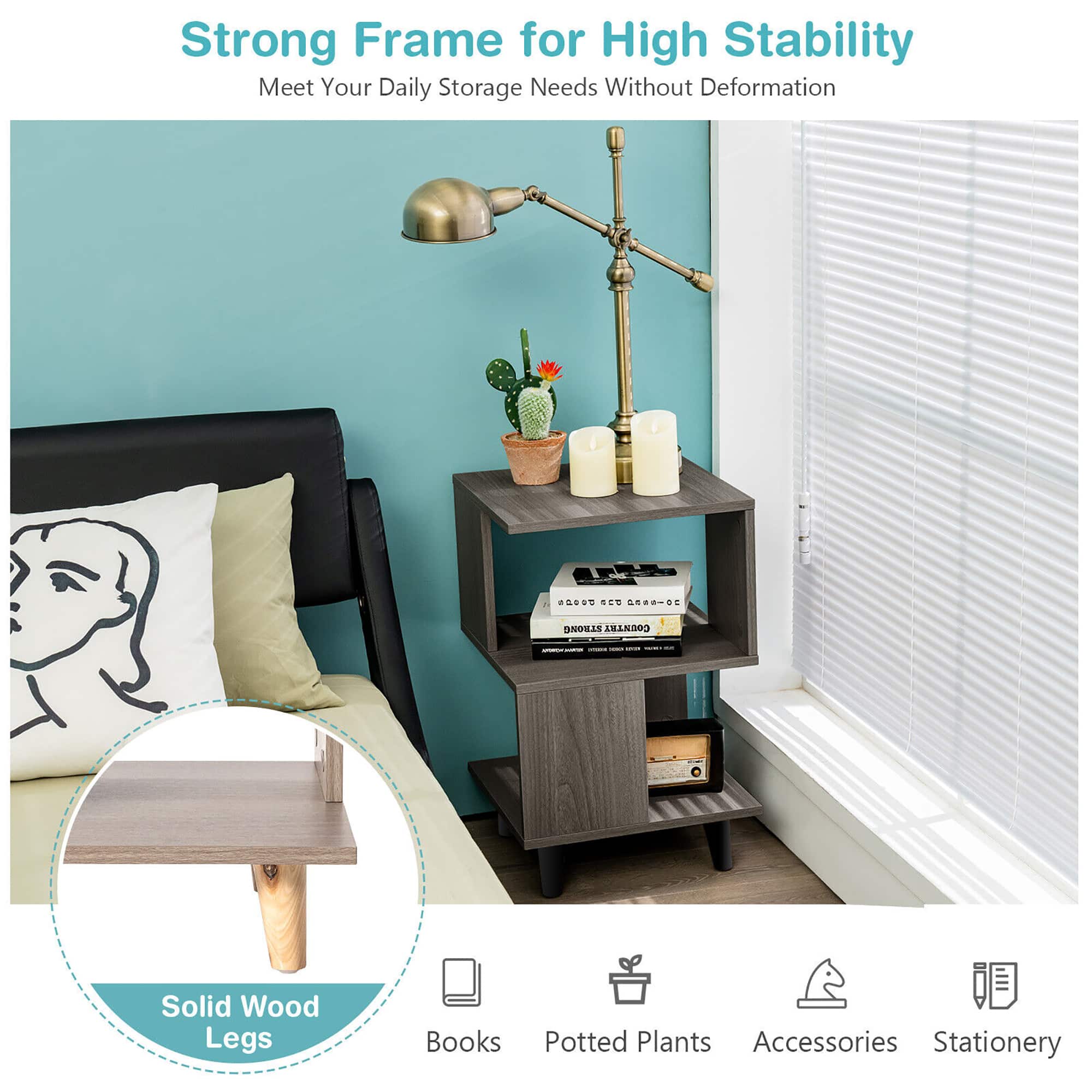 Strong Frame for High Stability Meet Your Daily Storage Needs Without Deformation. Solid Wood Legs. Books. Potted Plants. Accessories. Stationery.