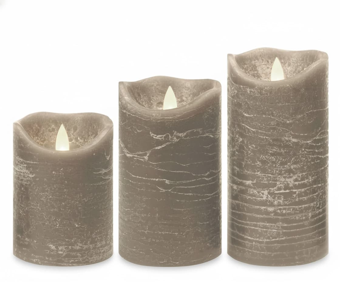 Front. FINEAK - 3 Pack Rustic Gray Flameless Pillar Candles: Real Wax, Battery-Operated with 6H Timer (6H On/18H Off) - ‎Gray.