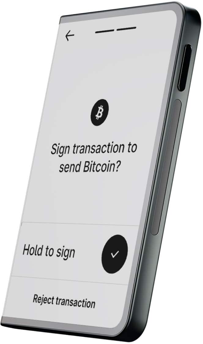 Sign transaction to send Bitcoin? Hold to sign. Reject transaction.