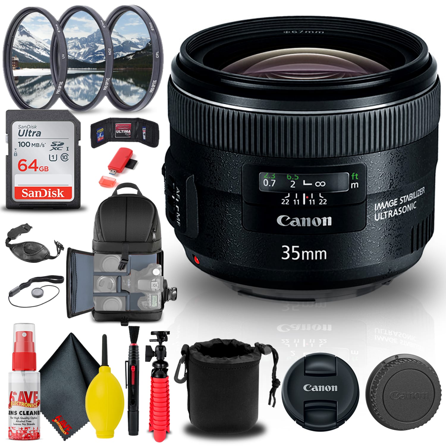 Canon - EF 35mm f/2 IS USM Lens (5178B002) + Filter + BackPack + 64GB Card + More - Black