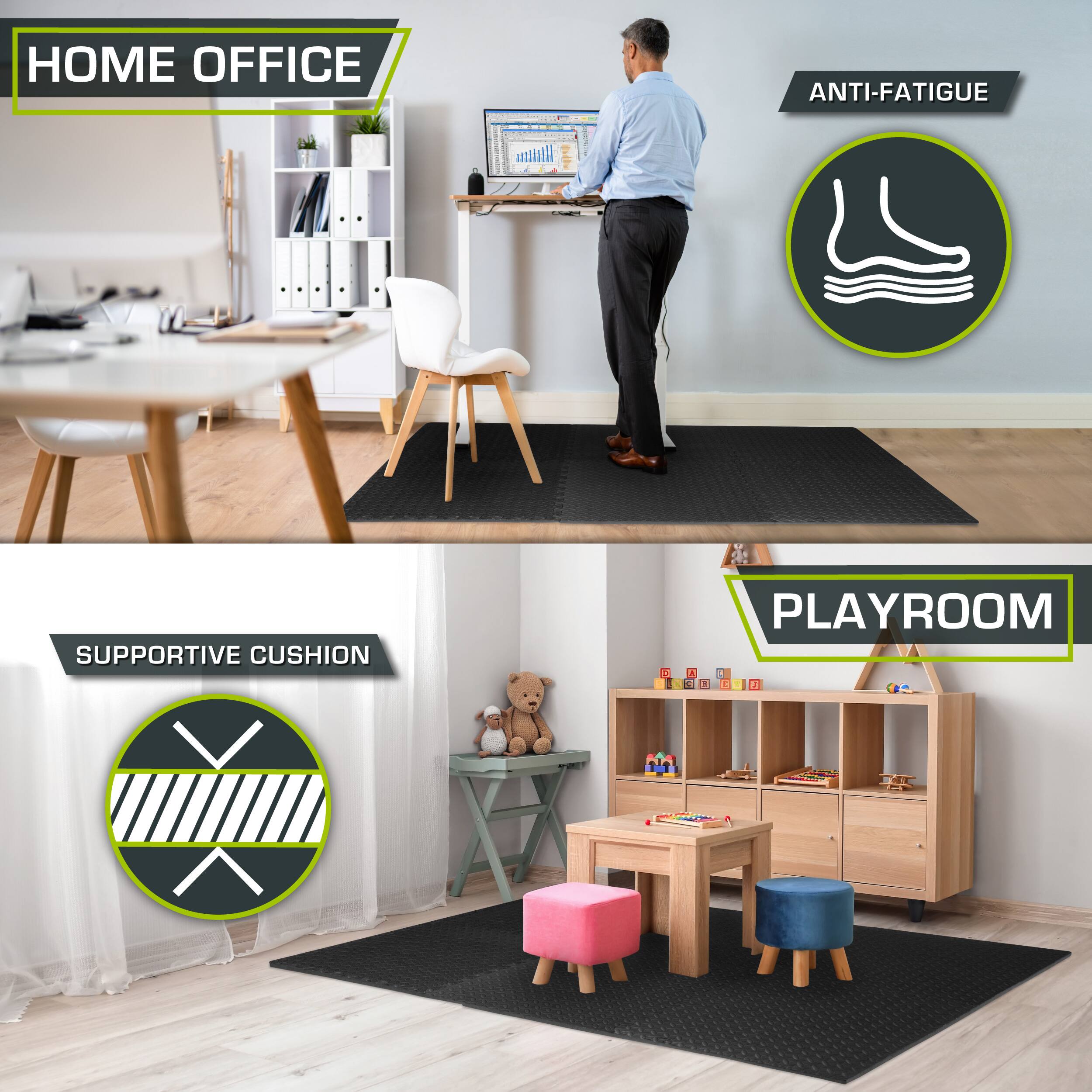 The corrected text from the image is:

- HOME OFFICE
- ANTI-FATIGUE
- SUPPORTIVE CUSHION
- PLAYROOM