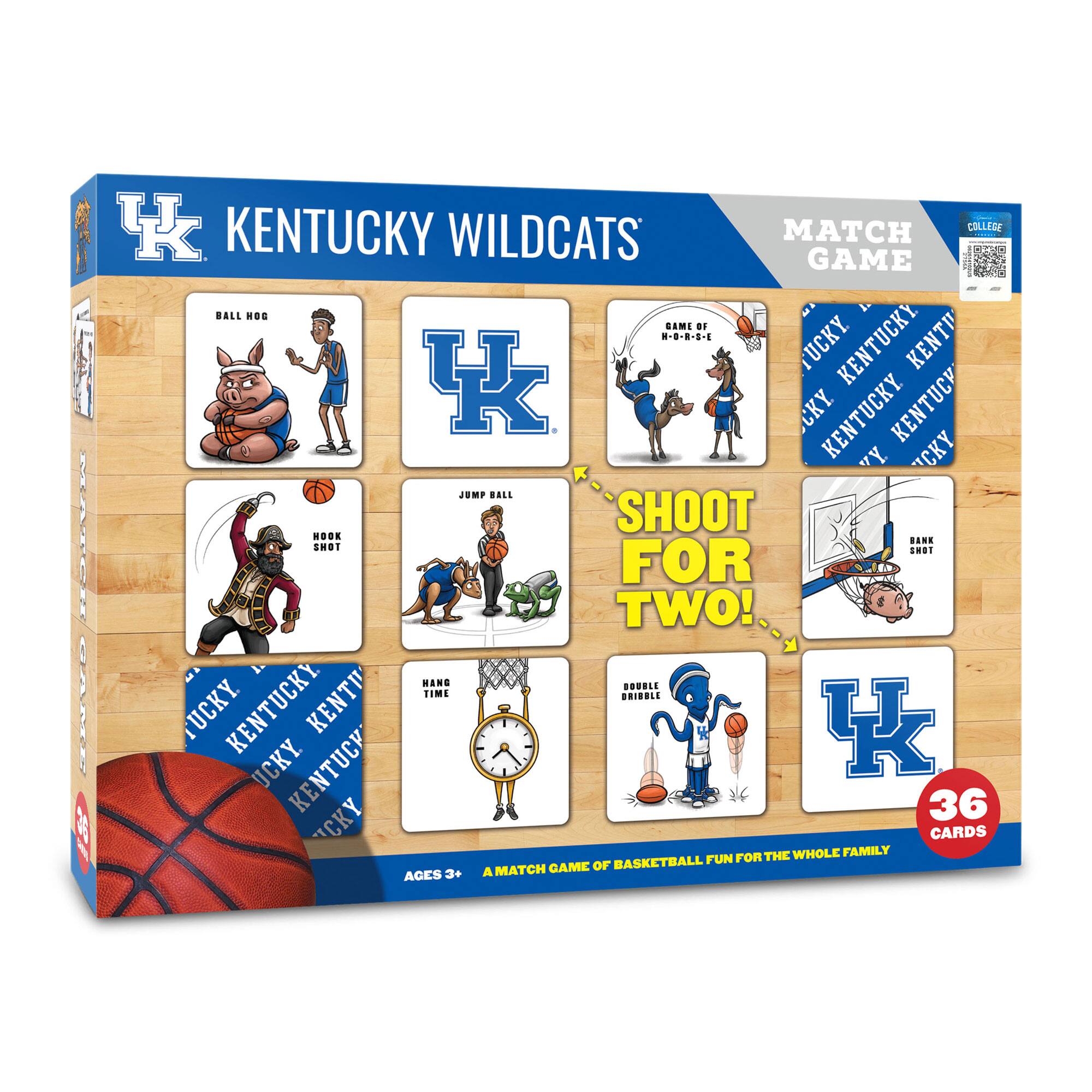 KENTUCKY WILDCATS MATCH GAME

- BALL HOG
- JUMP BALL
- HOOK
- SHOT
- HANG TIME
- BANK
- DOUBLE DRIBBLE!
- SHOOT FOR TWO!

36 CARDS

AGES 3+ A MATCH GAME OF BASKETBALL FUN FOR THE WHOLE FAMILY