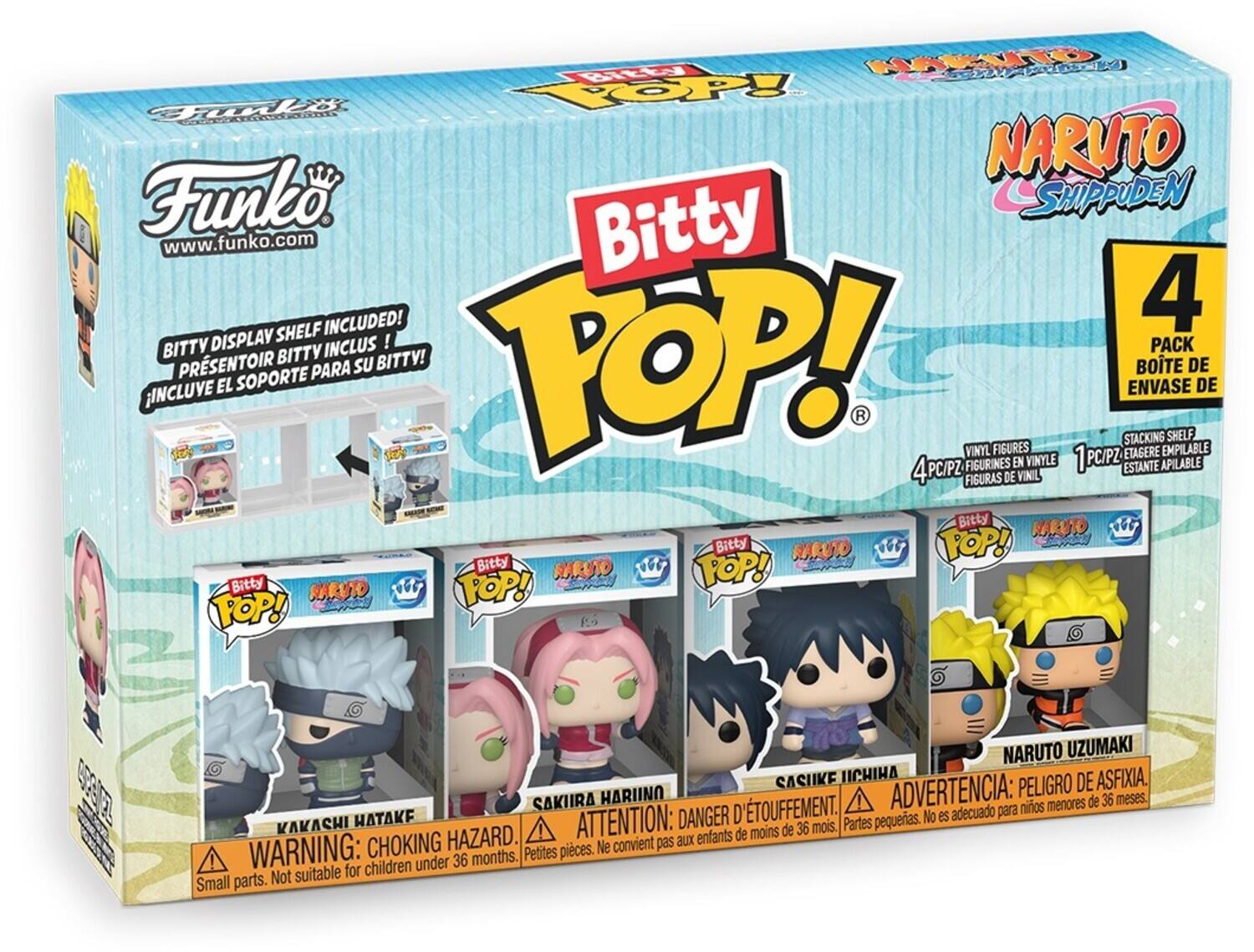 Sure, here is the corrected and grouped text from the image:

---

**Funko**  
www.funko.com

**Bitty Pop!**  
NARUTO SHIPPUDEN

**BITTY DISPLAY SHELF INCLUDED!**  
PRESENTOIR BITTY INCLUS!  
¡INCLUYE EL SOPORTE PARA SU BITTY!  
STACKING SHELF VINYL FIGURES  
ETAGERE EMPILABLE  
4PC/PZ  
FIGURINES EN VINYLE  
1PC/PZ  
ESTANTE APILABLE

**4 PACK**  
BOITE DE 4  
ENVASE DE 4

**KAKASHI HATAKE**  
**SAKURA HARUNO**  
**SASUKE UCHIHA**  
**NARUTO UZUMAKI**

**WARNING: CHOKING HAZARD.**  
Small parts. Not suitable for children under 36 months.  
ADVERTENCIA: PELIGRO DE ASFIXIA.  
Partes pequeñas. No es adecuado para niños menores de 36 meses.  
ATTENTION: DANGER D'ÉTOUFFEMENT.  
Petites pièces. Ne convient pas aux enfants