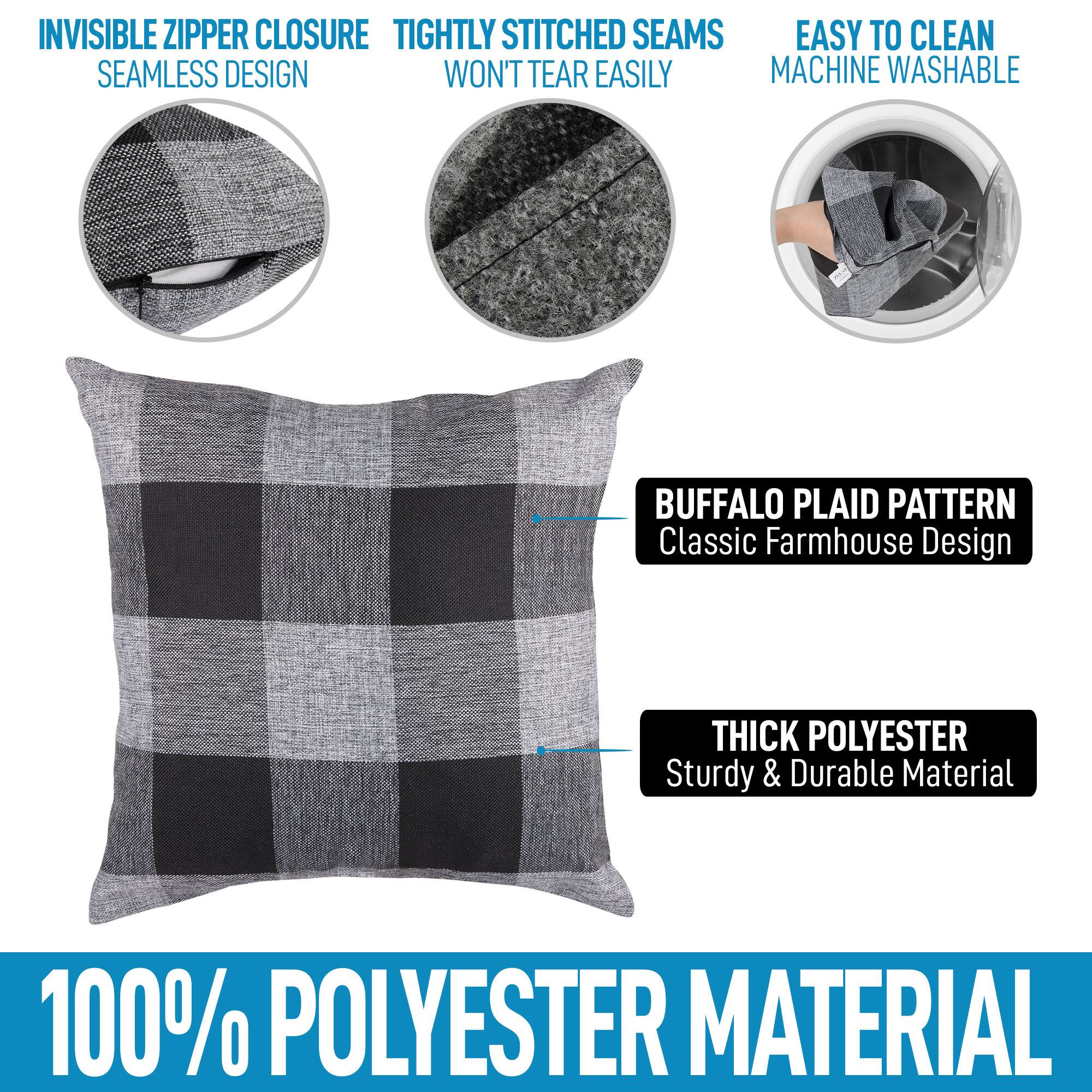 - Invisible Zipper Closure
  - Seamless Design

- Tightly Stitched Seams
  - Won't Tear Easily

- Easy to Clean
  - Machine Washable

- Buffalo Plaid Pattern
  - Classic Farmhouse Design

- Thick Polyester
  - Sturdy & Durable Material

- 100% Polyester Material