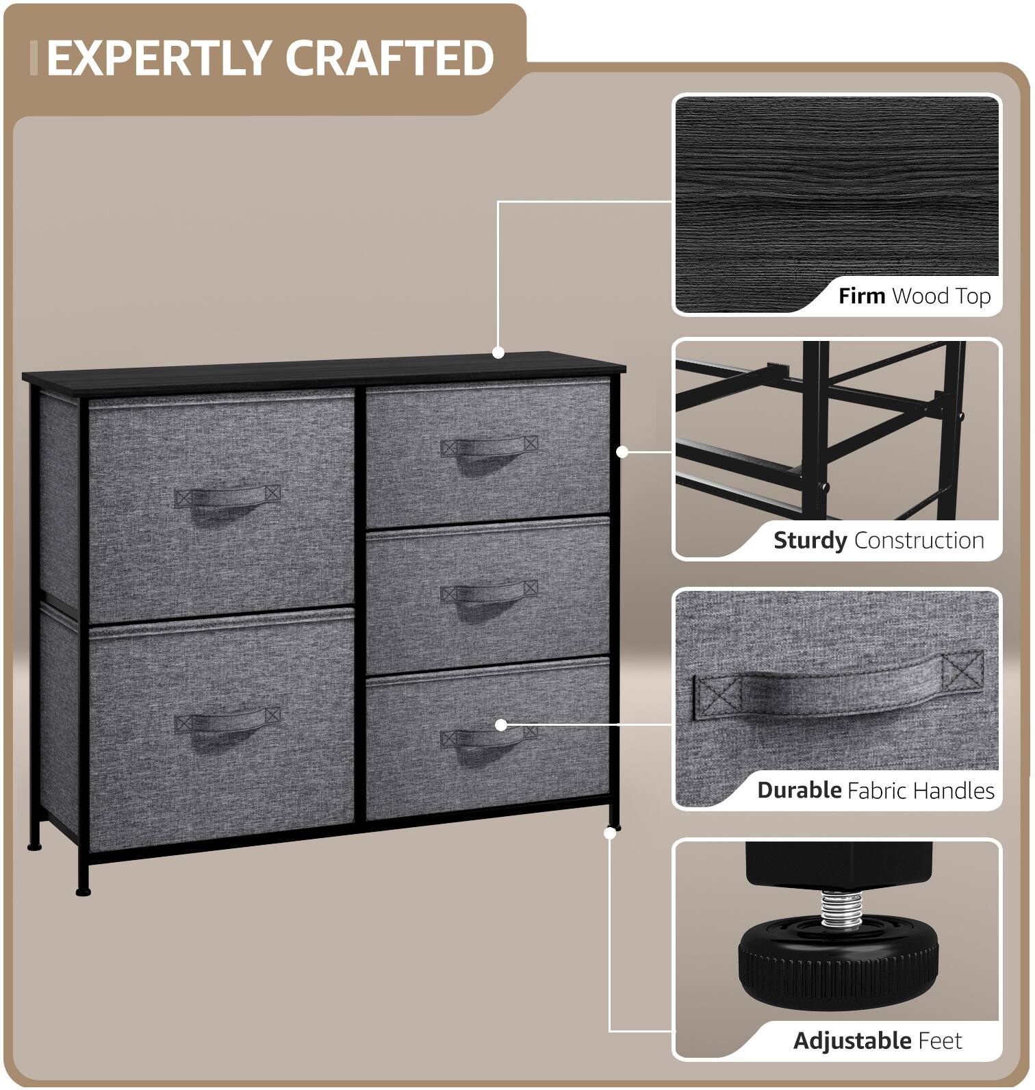 EXPERTLY CRAFTED

- Firm Wood Top
- Sturdy Construction
- Durable Fabric Handles
- Adjustable Feet