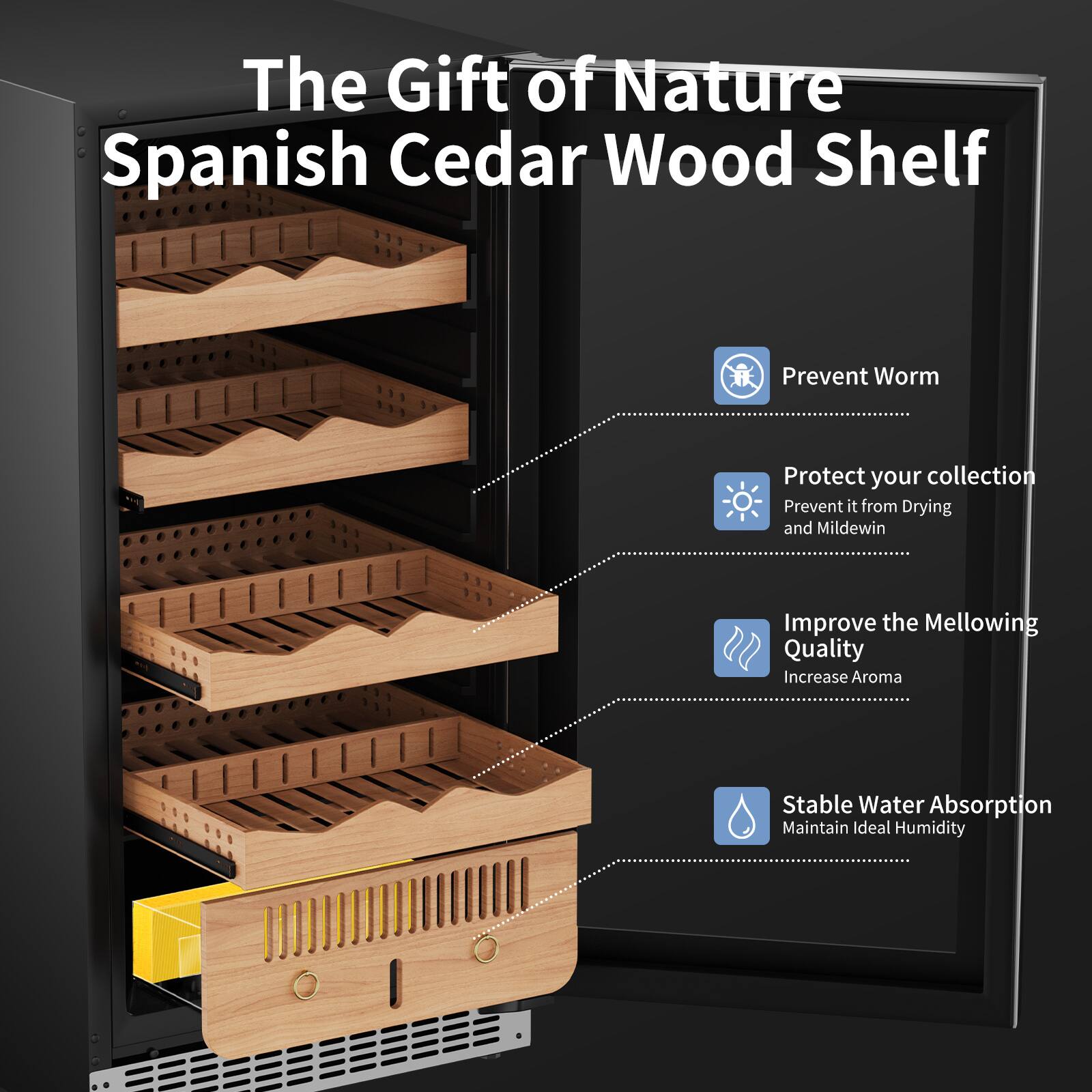 The Gift of Nature Spanish Cedar Wood Shelf

- Prevent Worm
- Protect your collection
  - Prevent it from Drying and Mildew
- Improve the Mellowing Quality
  - Increase Aroma
- Stable Water Absorption
  - Maintain Ideal Humidity