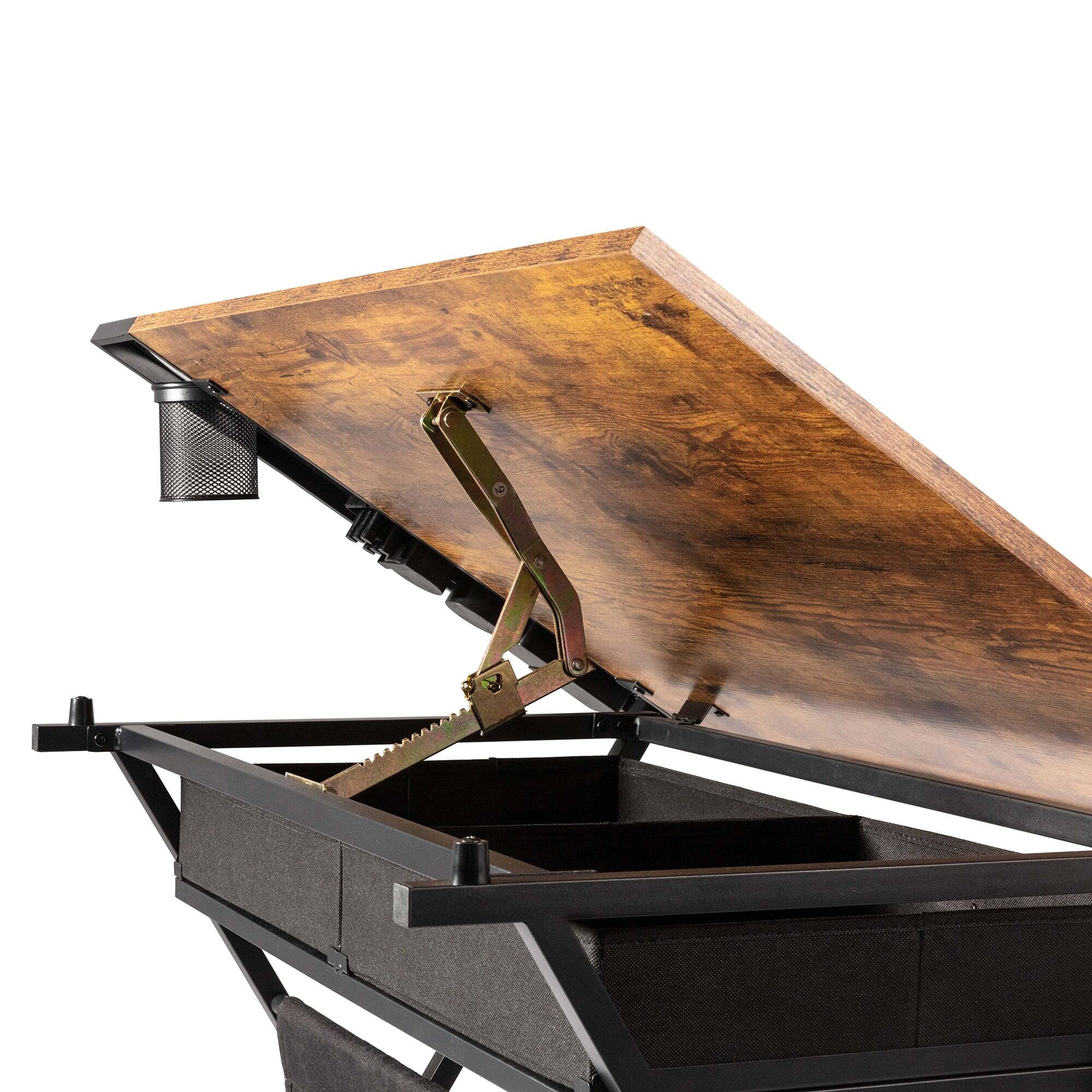 Alt View 6. Vecelo - Adjustable Drafting Table with Stool 0-65°Tilt Angle,  Metal Frame&Storage Drawers, Compact Art Desk for Artist - Brown.