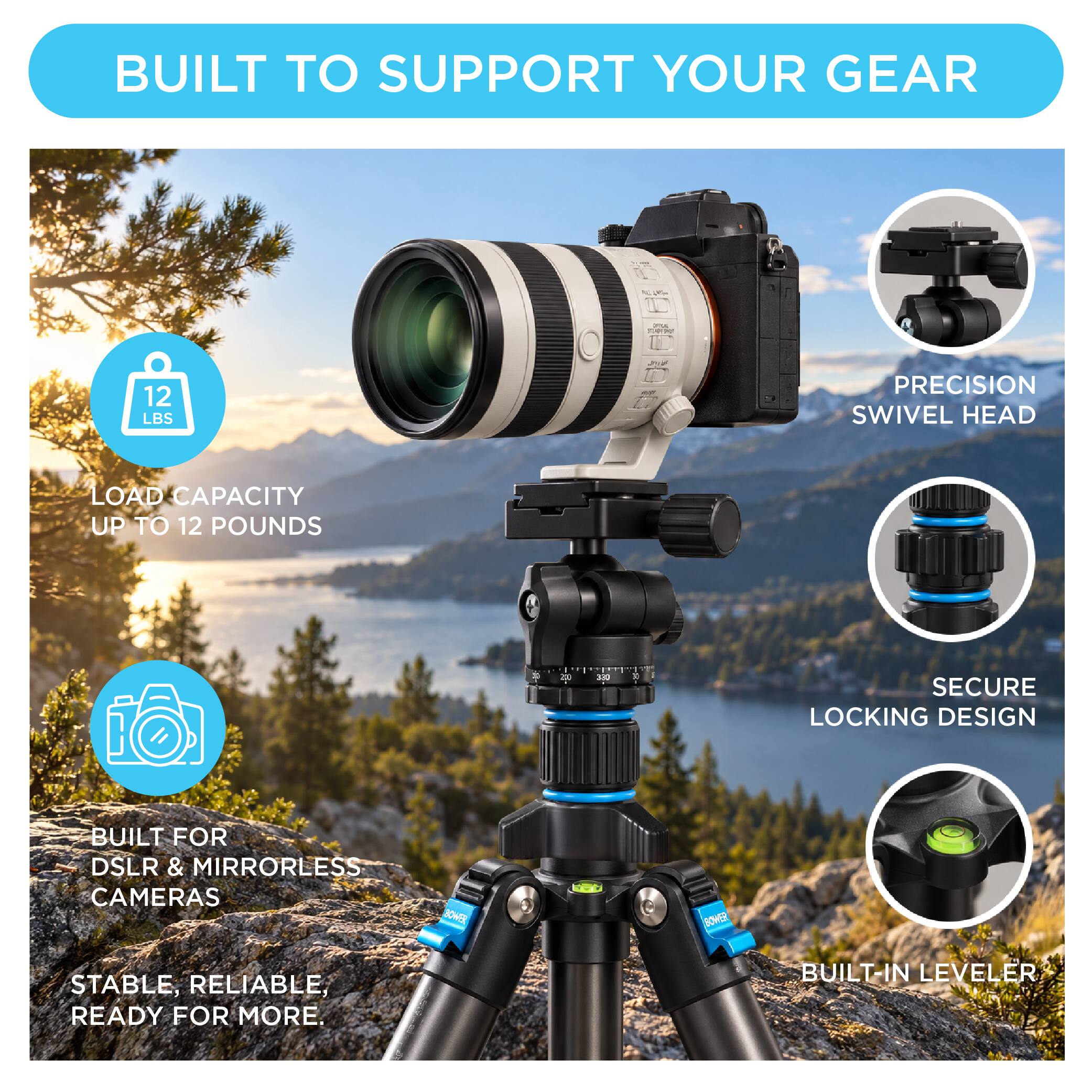 BUILT TO SUPPORT YOUR GEAR

PM 10019

12 LBS

LOAD CAPACITY UP TO 12 POUNDS

PRECISION SWIVEL HEAD

SECURE LOCKING DESIGN

BUILT FOR DSLR & MIRRORLESS CAMERAS

STABLE, RELIABLE, READY FOR MORE.

BUILT-IN LEVELER