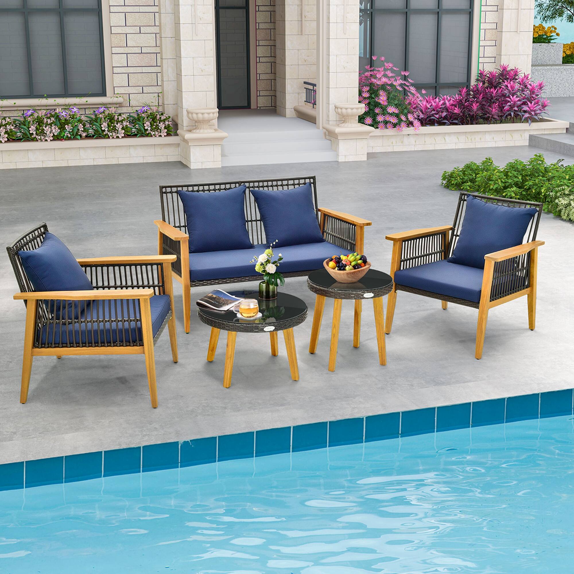 Alt View 4. Costway - Costway 5PCS Outdoor Rattan Woven Conversation Set Stable Acacia Wood Frame for Backyard - Navy.