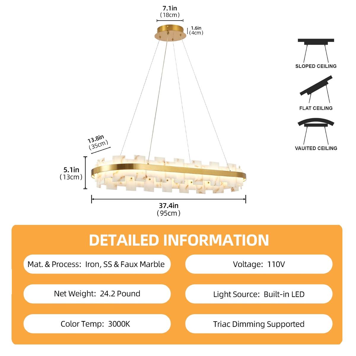 Loheer Alabaster Rectangle Chandelier, Gold Iron Frame, Adjustable ...