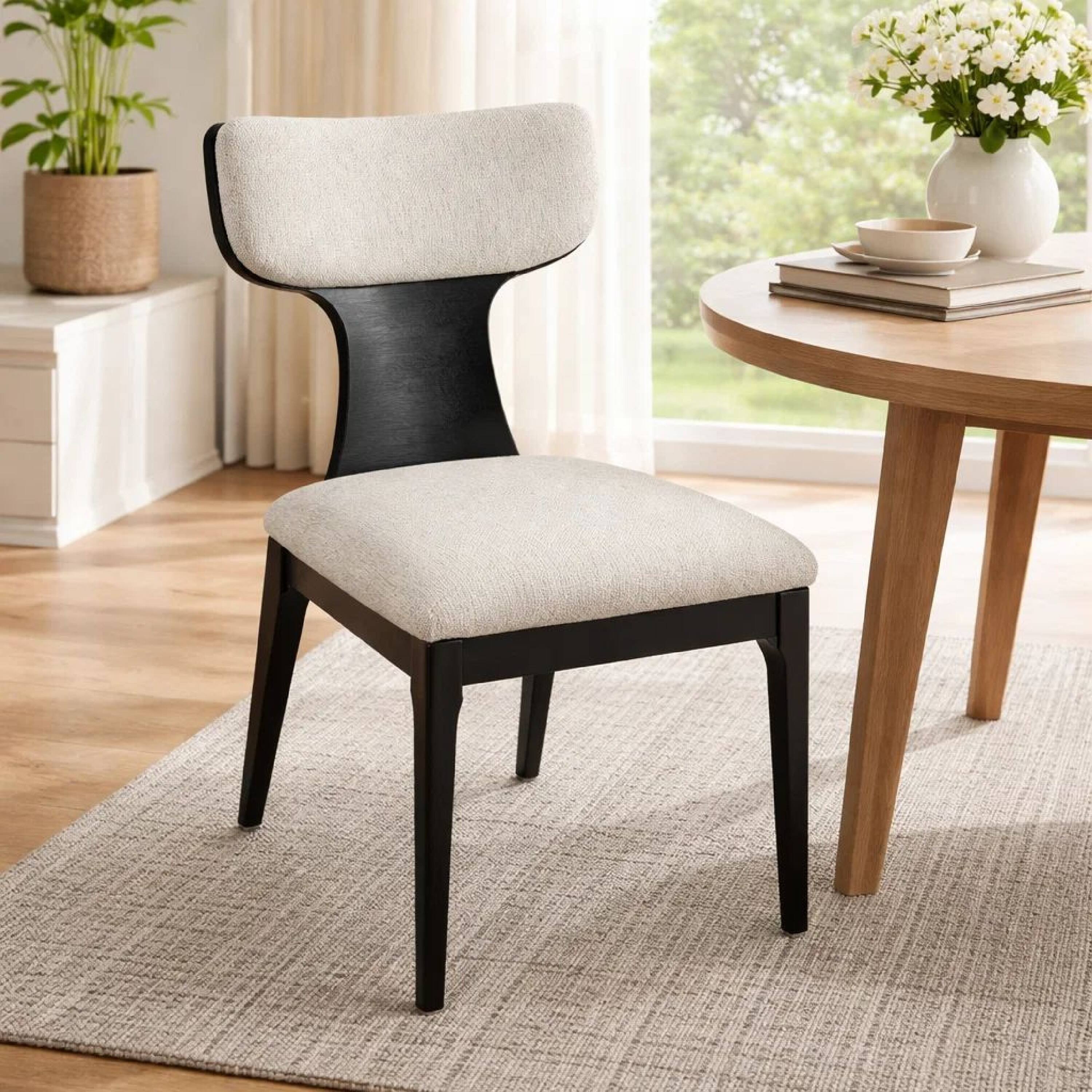Alt View 7. Manhattan Lane - Kiri Dining Side Chair Set of 2, White Chenille Seat, Black Wood Legs - White, Black.