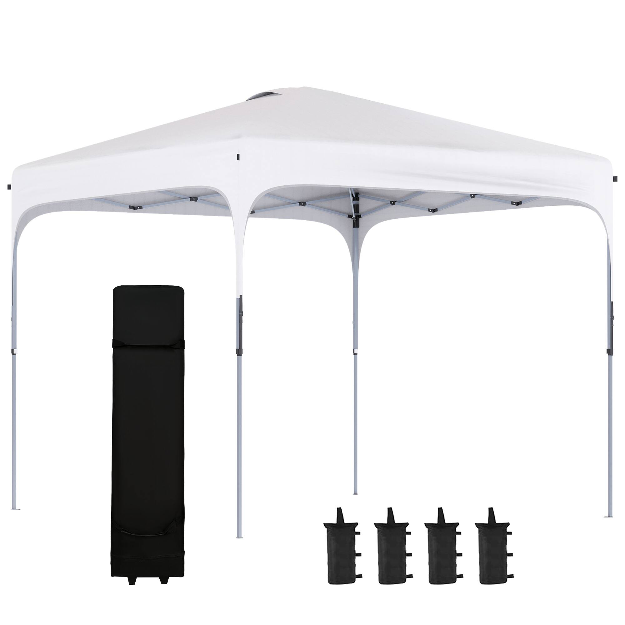 Outsunny - 8' x 8' Pop Up Canopy Tent with Wheeled Carry Bag and 4 Sand Bags, Instant Sun Shelter, Tents for Parties - White