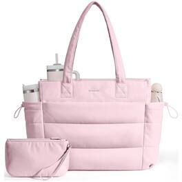 LOVEVOOK - Tote Bag for Women with Giant Tumbler Holder Pocket, Puffer Work Travel Laptop Handbag with Zipper - Pink
