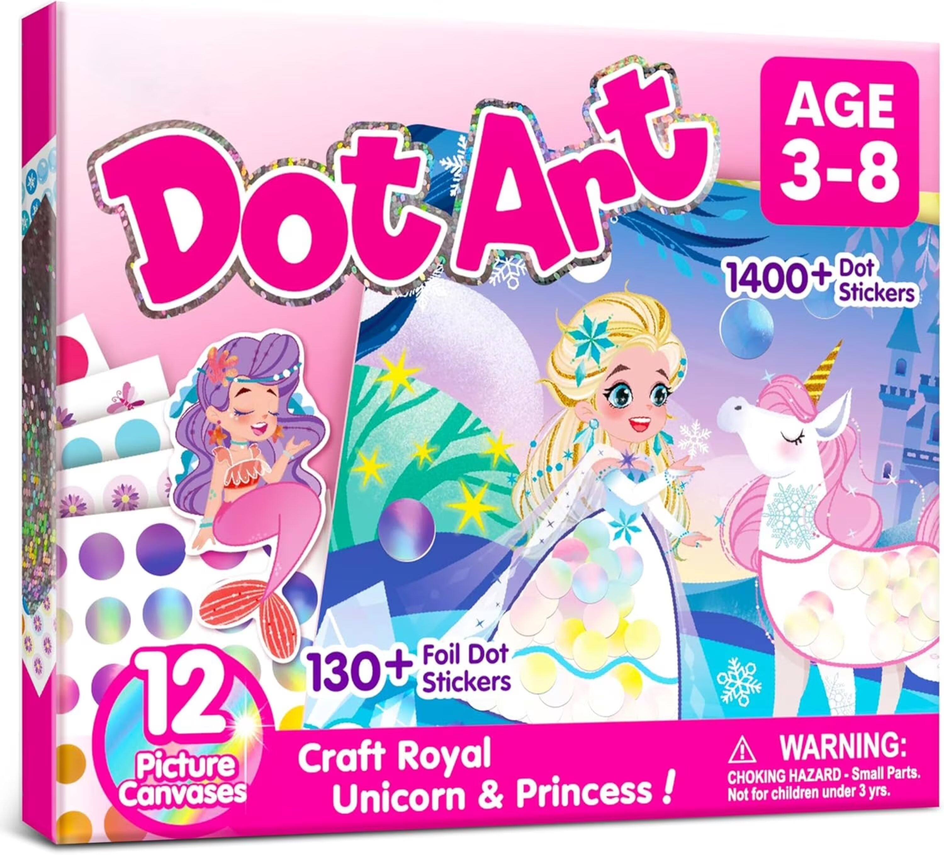 Dot Art  
AGE 3-8  
1400+ Dot Stickers  
12 Picture Canvases  
130+ Foil Dot Stickers  
Craft Royal Unicorn & Princess!  
WARNING: CHOKING HAZARD - Small Parts. Not for children under 3 yrs.