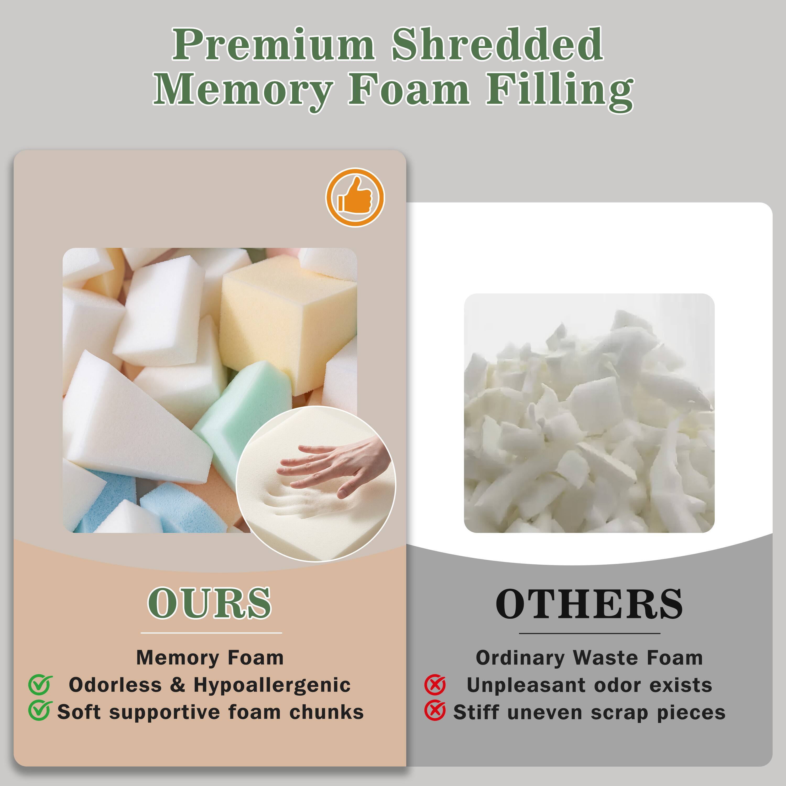 Premium Shredded Memory Foam Filling

OURS
Memory Foam
Odorless & Hypoallergenic
Soft supportive foam chunks

OTHERS
Ordinary Waste Foam
Unpleasant odor exists
Stiff uneven scrap pieces