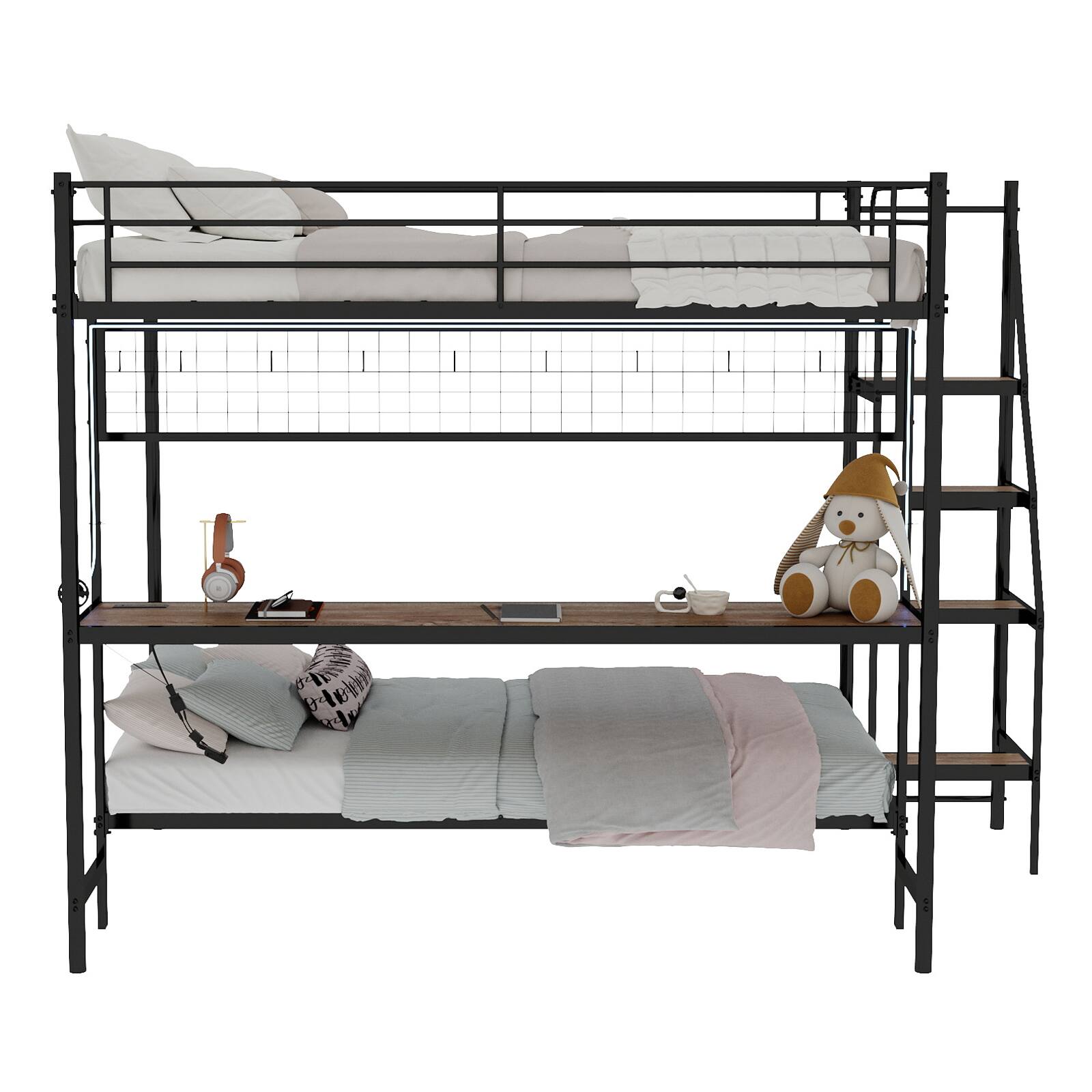 Back. Loheer - Loheer Full Over Twin Metal Bunk Bed with Desk and LED Lights Black Loft Bed Frame - Antique Black.