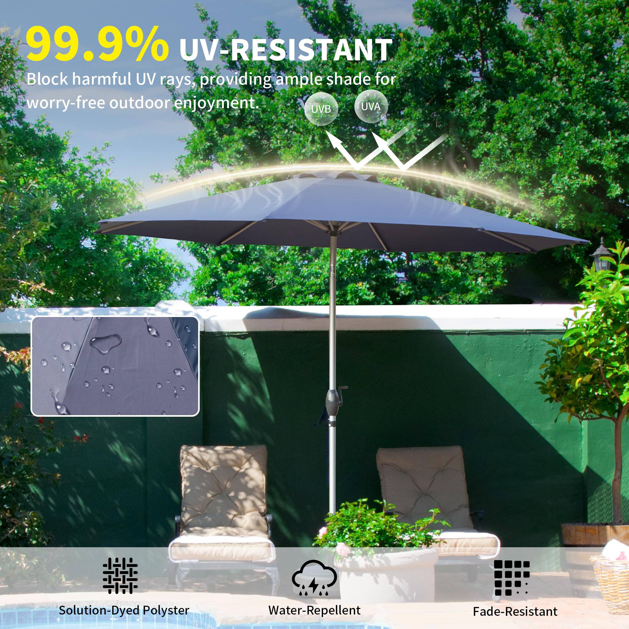 99.9% UV-RESISTANT  
Block harmful UV rays, providing ample shade for worry-free outdoor enjoyment.  

UVB UVA  

Solution-Dyed Polyester  
Water-Repellent  
Fade-Resistant