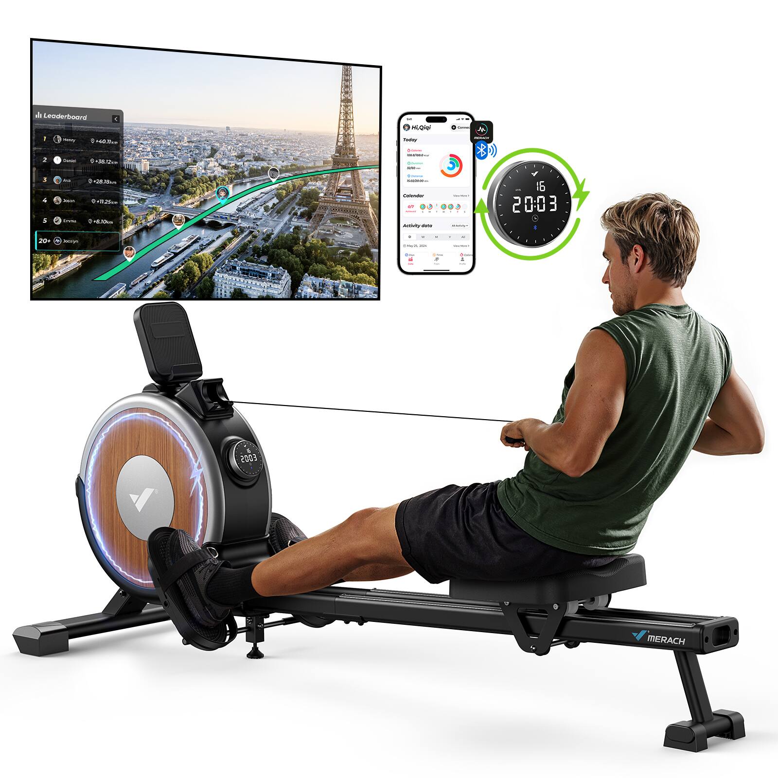 Angle. MERACH - MERACH Electromagnetic Q1S Rowing Machine Quiet 16 Level Resistance for Home Gym - Black.