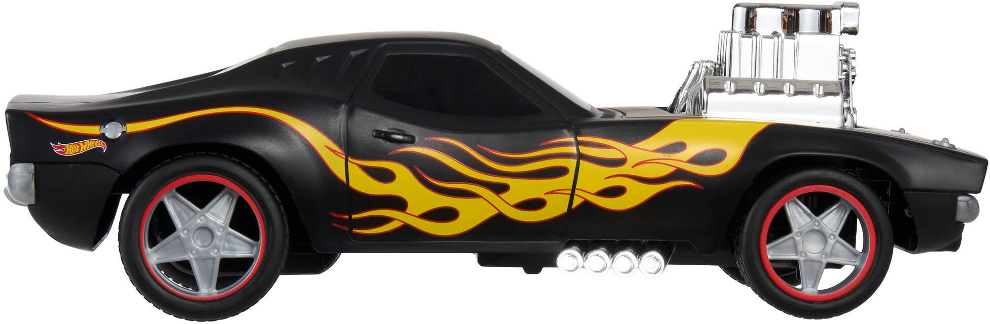Angle. Hot Wheels - Rodger Dodger Black with Yellow/Red Flames Remote Control 1:16 Scale Car.